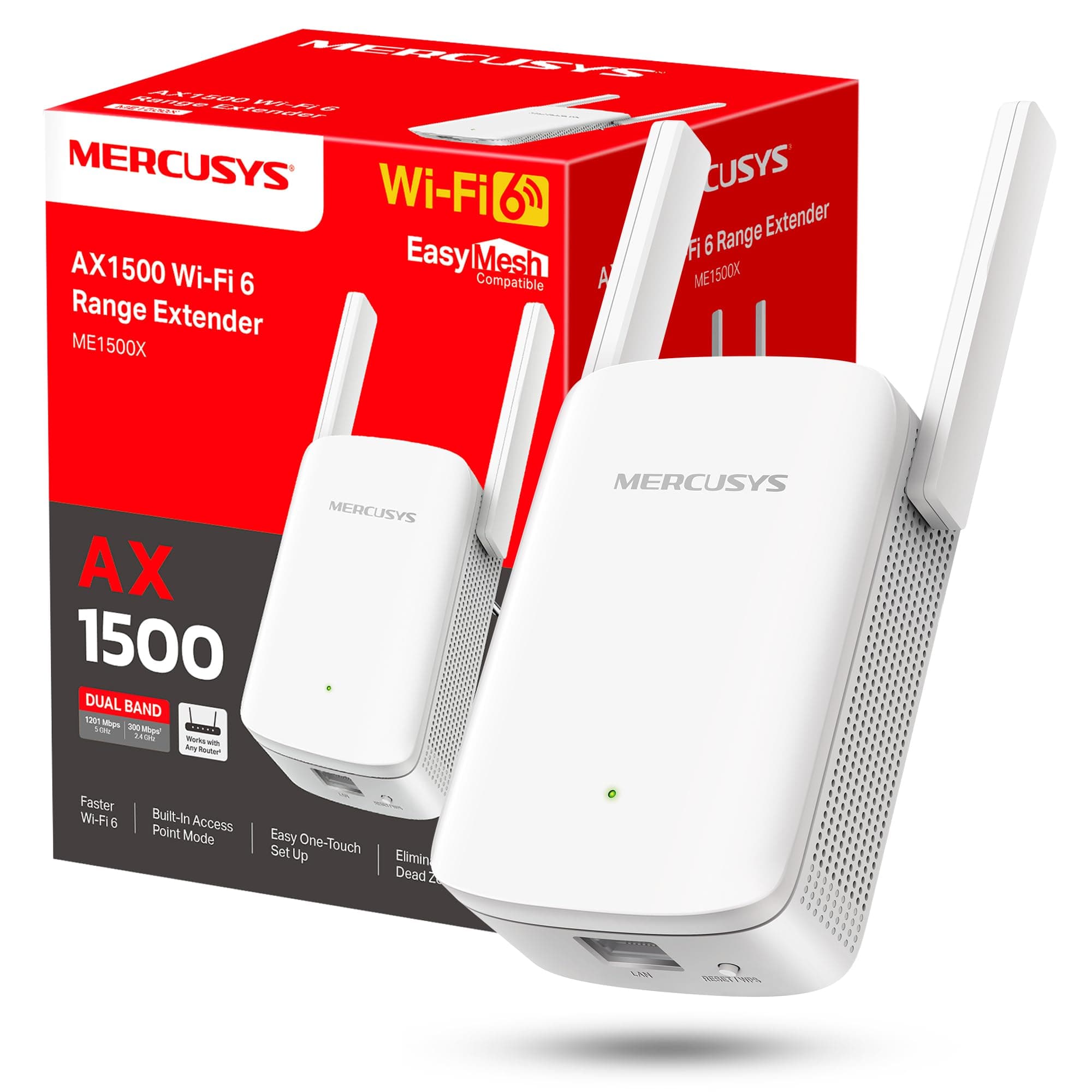Mercusys ME1500X Wi-Fi 6 Amplificador WiFi, Repetidor de Doble Banda con 1201 Mbps 5 GHz + 300 Mbps 2,4 GHz, Puerto Gigabit, 2 × Antenas de Alto Rendimiento, Botón WPS, Modo Punto de Acceso