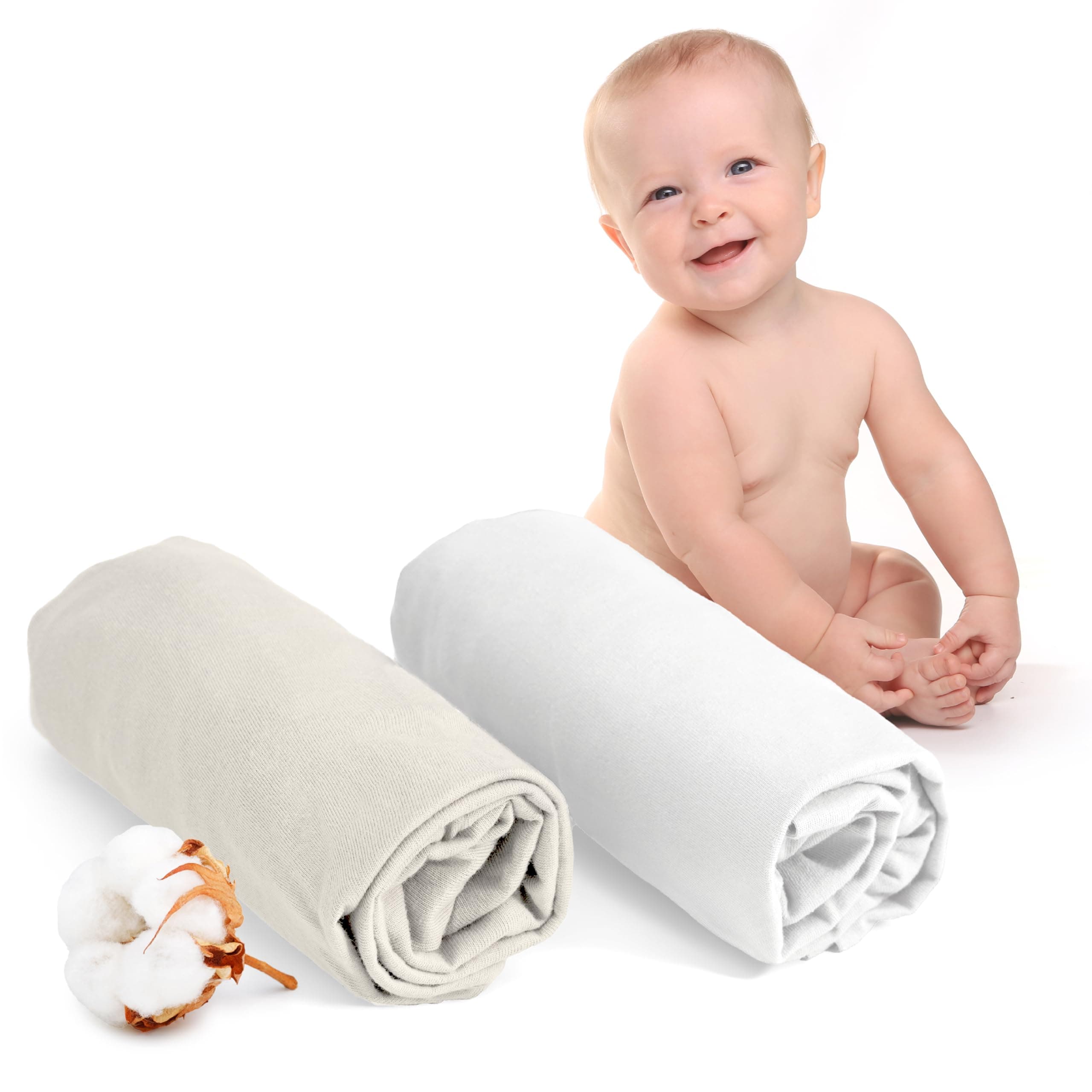 Dreamzie - Spannbettlaken 70x140 Baby 2er Pack Baumwolle Jersey Weiß und Beige – Elastisch – Mit Rundumgummi – Oeko-Tex Zertifiziert