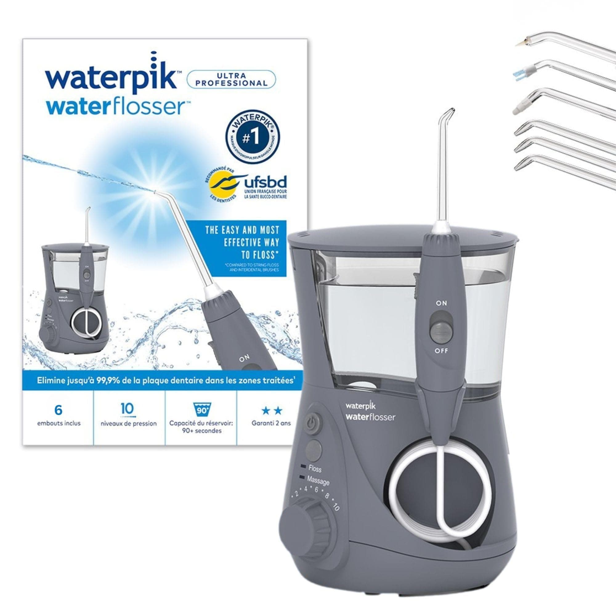 Waterpik – Hydropulseur Ultra professionnal, Jet dentaire avec 6 embouts et 10 niveaux de pression, Élimine la plaque, Gris (WF-660EU)