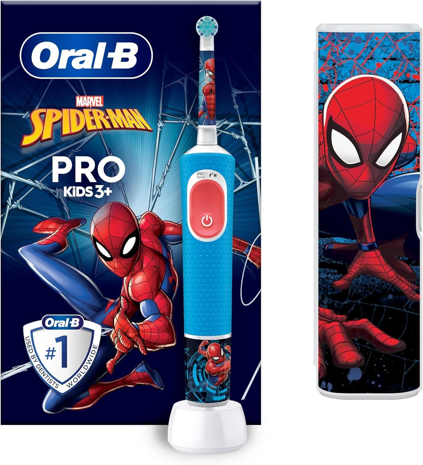 Oral-B Pro Kids Spiderman Elektrische Zahnbürste für Kinder — Electric Toothbrush ab 3 Jahren — Inkl. 1 Aufsteckbürste & Zahnbürsten-Sticker, Reise-Etui, Blau/Rot