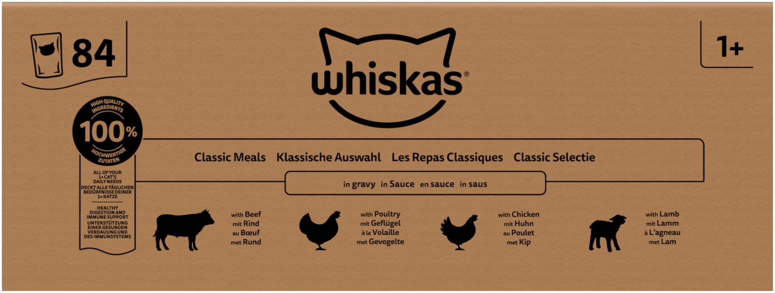 WHISKAS Adult 1+ Katzenfutter nass - ab 1 Jahr - 84x85g Portionsbeutel - Klassische Auswahl in Sauce - Katzen Nassfutter - Großpackung