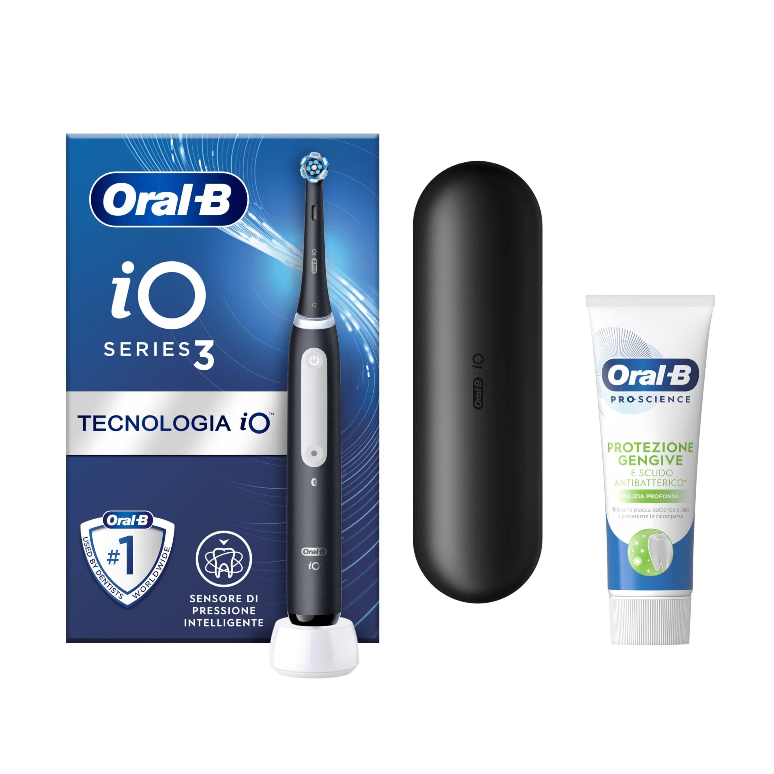 Oral-B Spazzolino Elettrico Ricaricabile iO 3 Nero, 1 Testina Di Ricambio, 1 Custodia Da Viaggio +Dentifricio Oral-B Pro-Science Protezione Gengive Pulizia Profonda 75ml. 1 Spazzolino