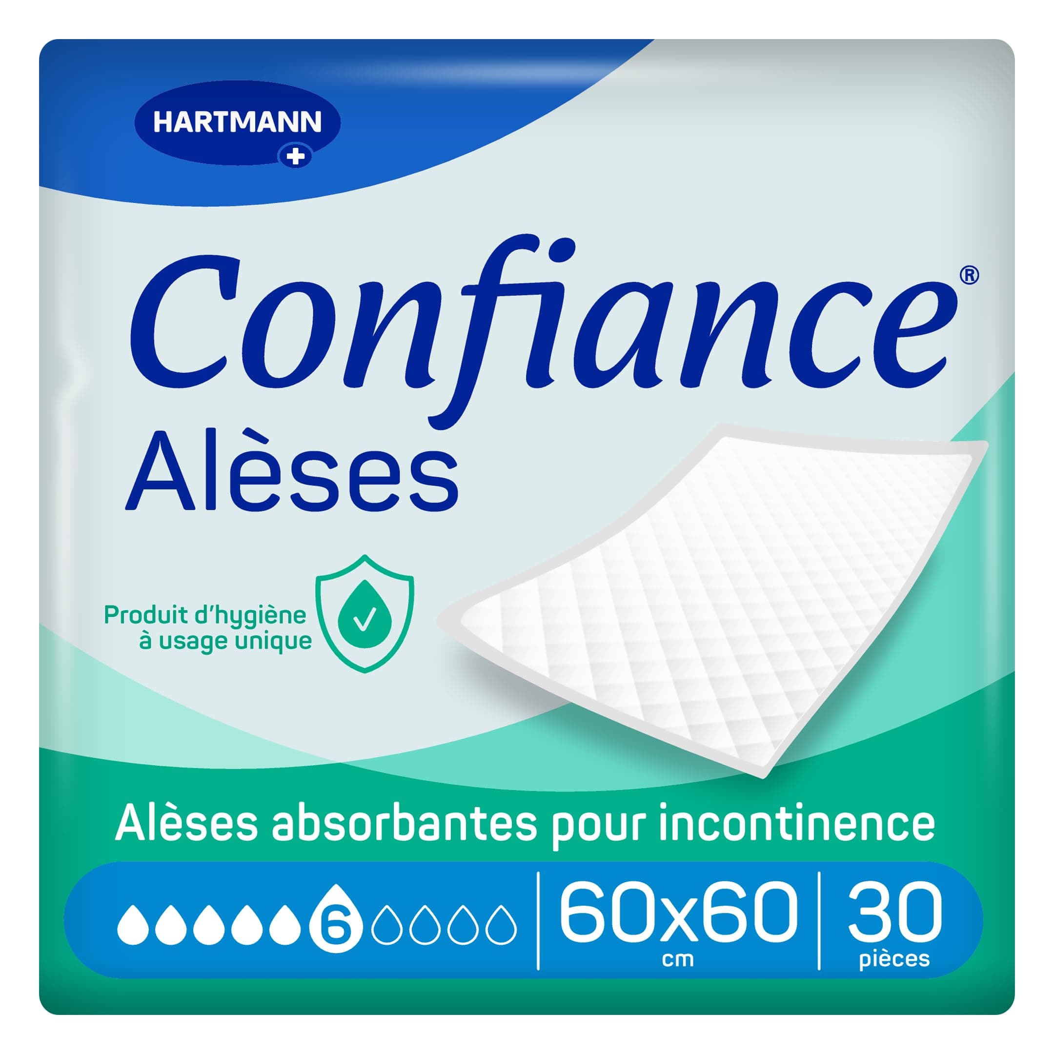 Confiance Alèse - Alèses pour la Protection de la Literie ou du Fauteuil - Niveau d'Absorption = 6 Gouttes - Dimensions = 60 x 60 cm - 30 unités