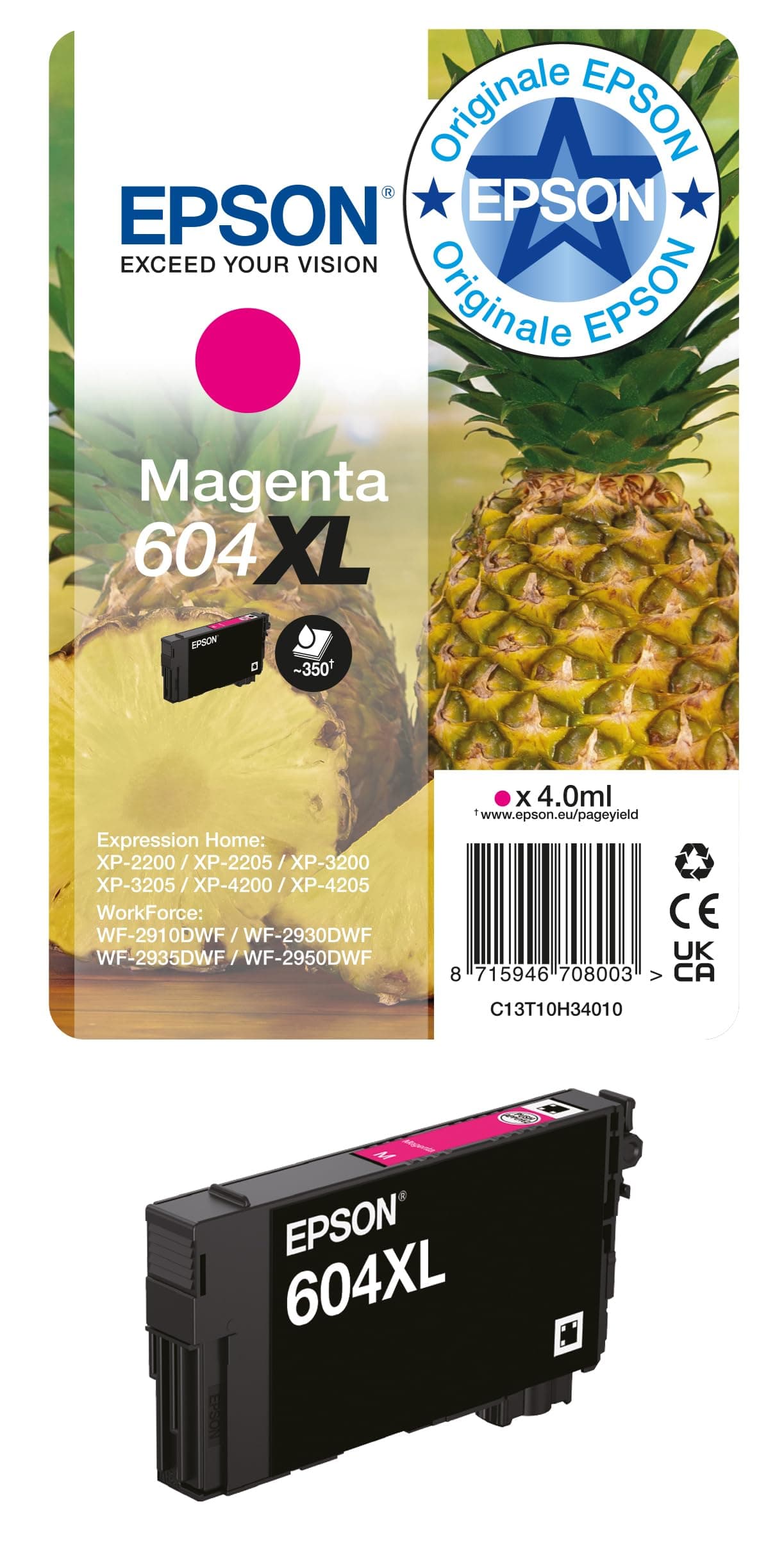 Epson 604XL Serie Ananas Cartucce per Stampante Getto d'Inchiostro, Formato XL, Stampe Affidabili Casa e Ufficio, Confezione Retail, Confezione Singola 1 Colore, Magenta 4.0 ml
