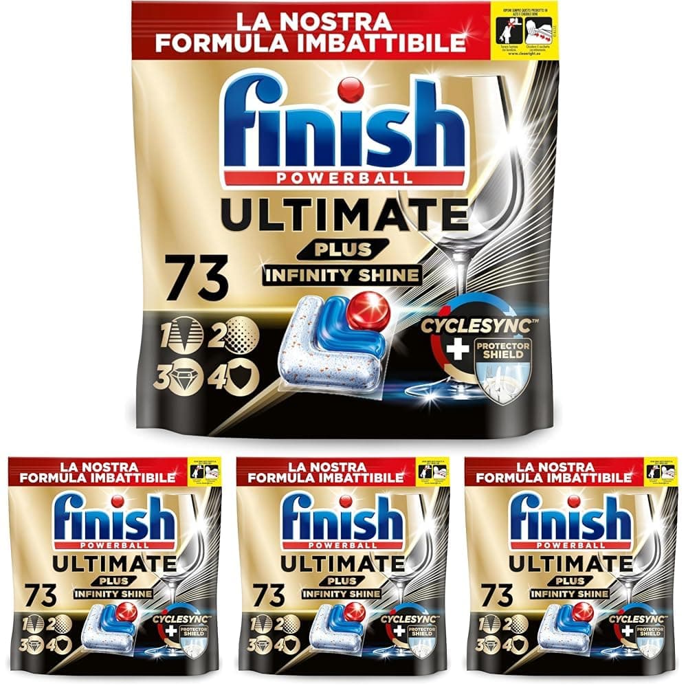 Finish Ultimate PLUS Infinity Shine Pastiglie Lavastoviglie, 73 Capsule Lavastoviglie, Pastiglie per Lavastoviglie con Scudo Protettivo contro lo Sporco e i Residui Incrostati (Confezione da 4)