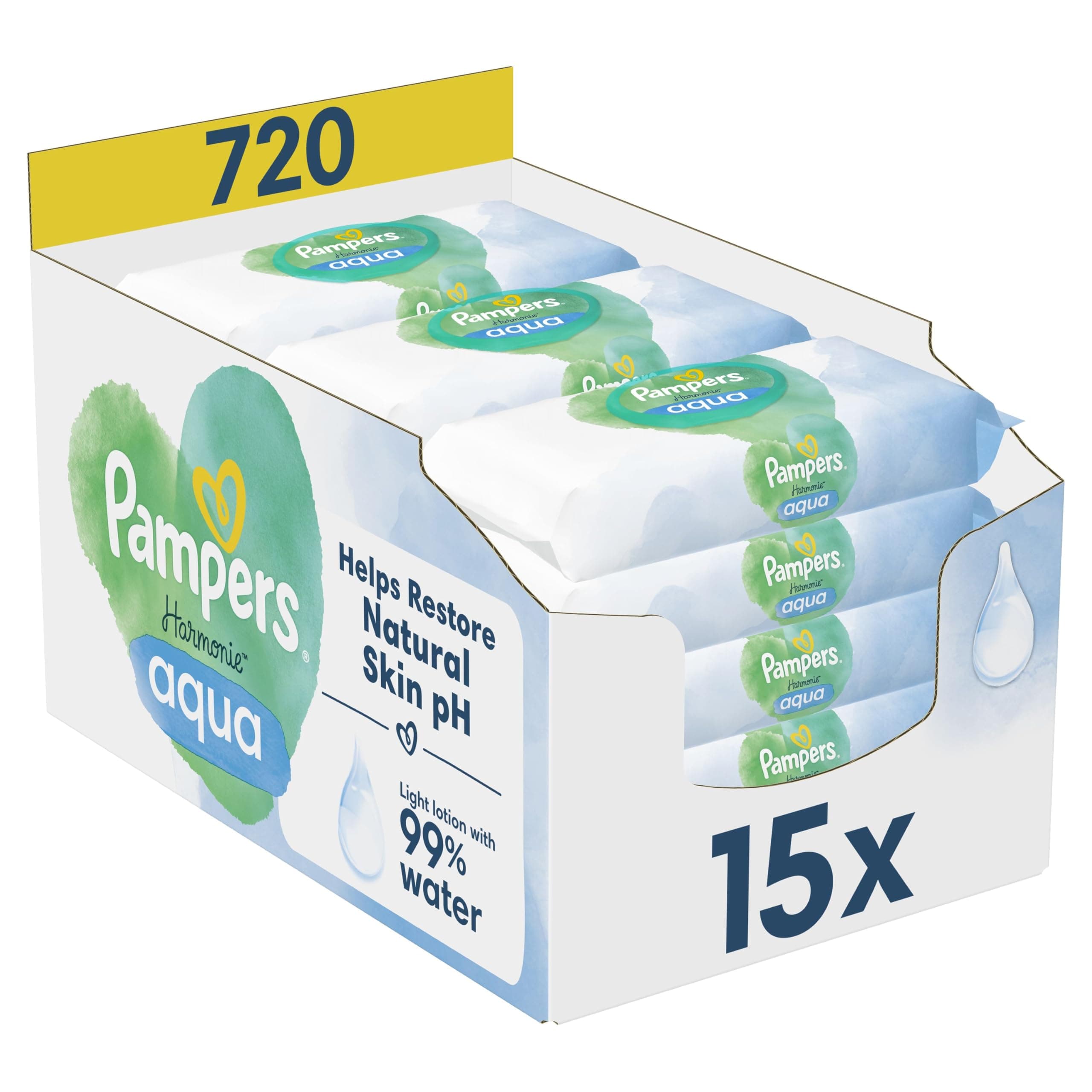Pampers Harmonie Aqua, 720 Lingettes pour Bébé (15x48), Sans Platisque, Certifié OEKO-TEX, Protection De La Peau Délicate Avec 99% D’Eau, Aide à restaurer le pH naturel de la peau