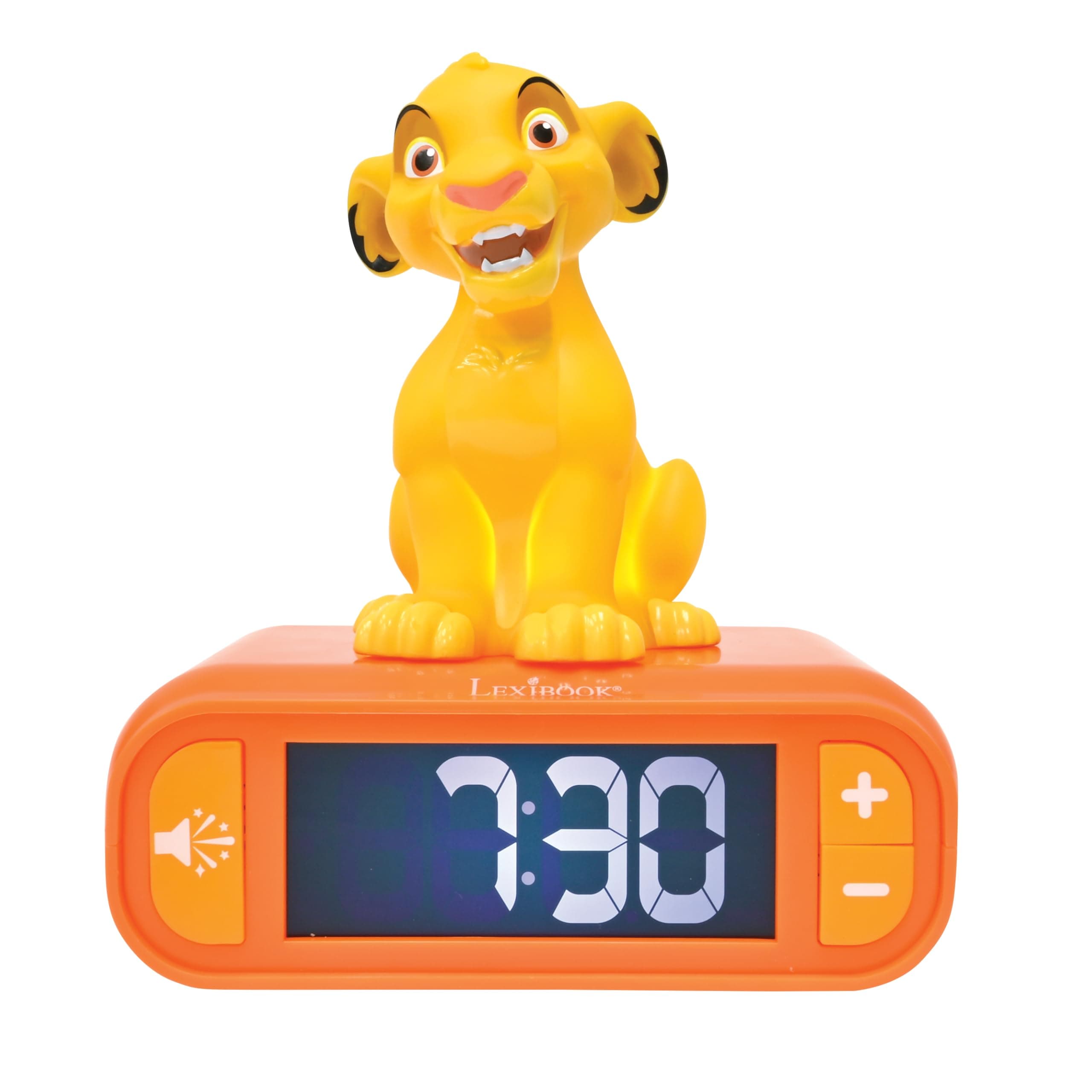 Lexibook, Disney Le Roi Lion, Réveil veilleuse Simba, Sons et mélodies, Ecran LCD rétro-éclairé, Lumineux, Snooze, Jaune/Orange, RL800AN