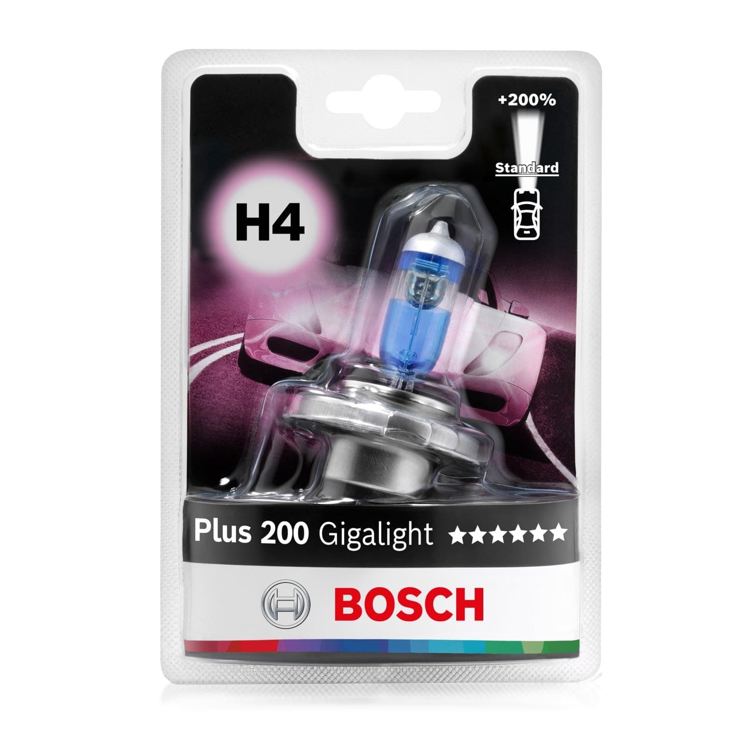 Bosch H4 Plus 200 Gigalight Ampoule de Phare Halogène, 12 V 60/55 W, Faisceau Lumineux 200% plus Long - Culot P43t - 1 Ampoule de Rechange
