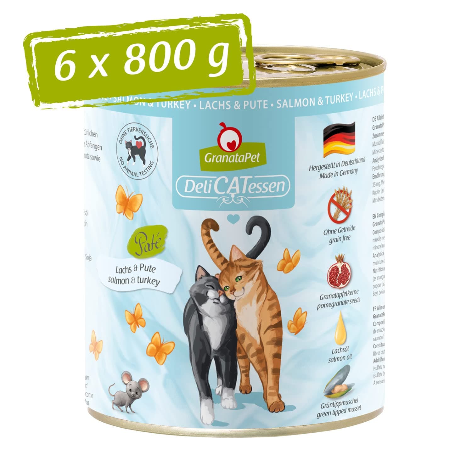 GranataPet DeliCatessen Lachs & Pute, Nassfutter für Katzen, Katzenfutter für Feinschmecker, Futter ohne Getreide & ohne Zuckerzusätze, 6 x 800 g