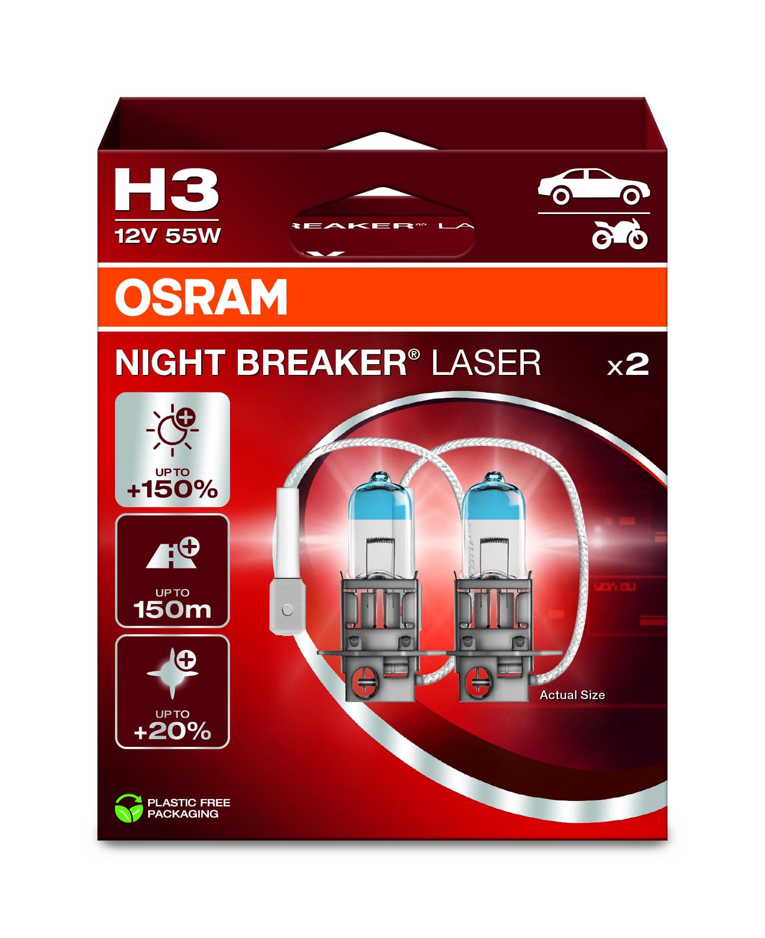 Osram NIGHT BREAKER LASER H3, +150% mehr Helligkeit, Halogen-Scheinwerferlampe, 64151NL-2HB, 12V PKW, Hängebox (2 Lampen)