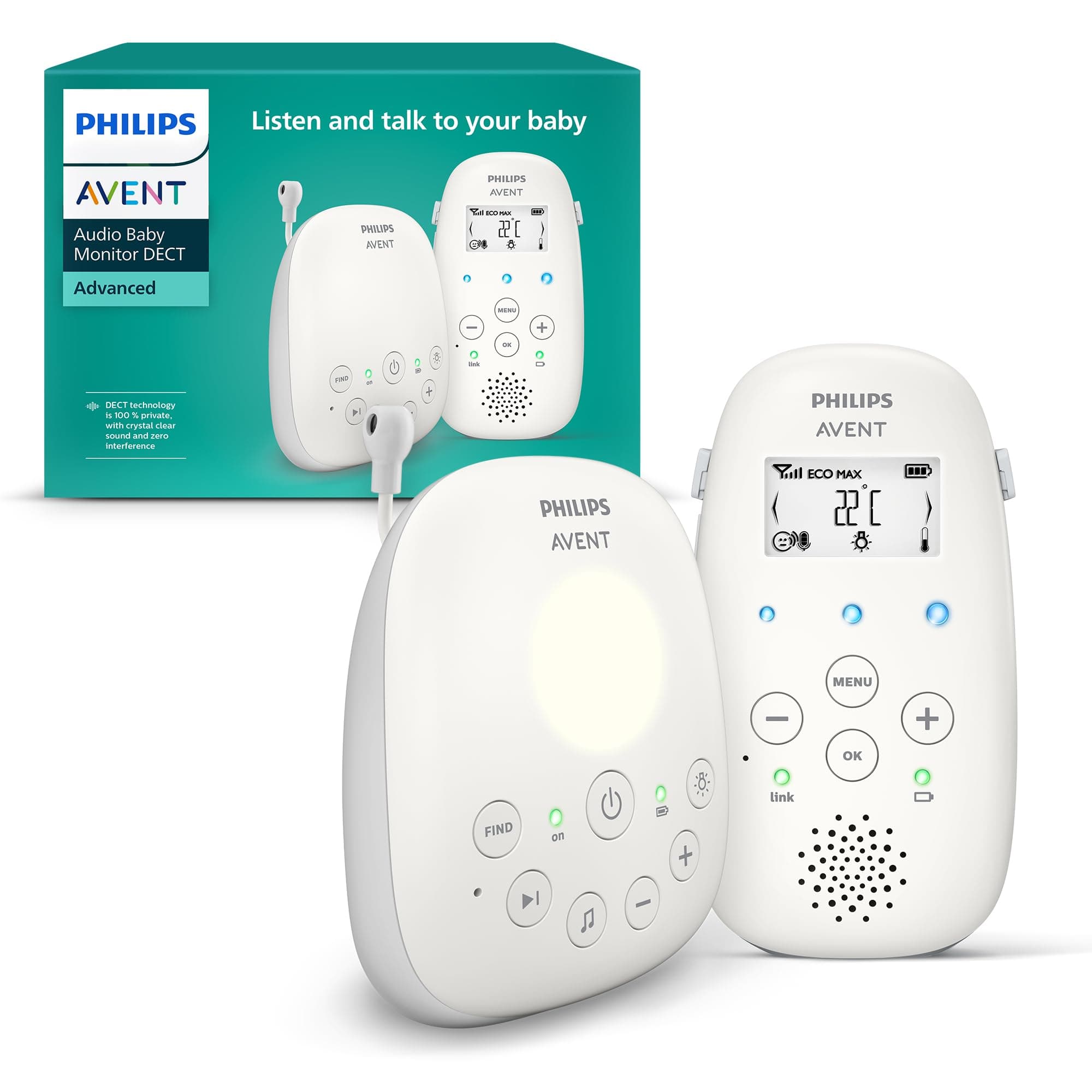 Philips ‎AVENT Audio Babyphone DECT-Technologie, Eco-Mode, Gegensprechfunktion, Schlaf- und Nachtlieder, Temperatursensor, maximale Reichweite, weiß (Modell SCD713/26)