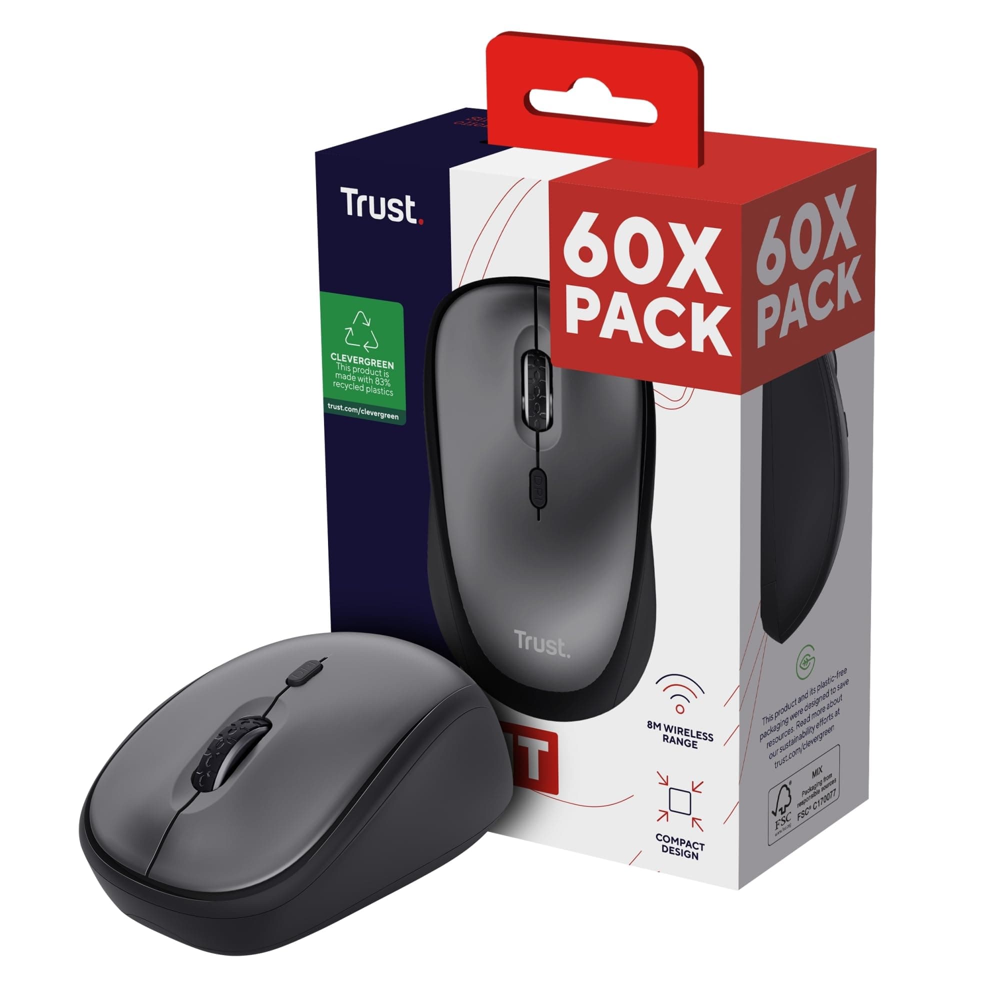 Trust Yvi+ 60 Pack - 60x Mouse Wireless Silenzioso con Design Sostenibile, per Mano Sinistra e Destra, Microricevitore USB, Mouse Senza Fili Compatto per PC, Computer, Laptop, Mac - Nero