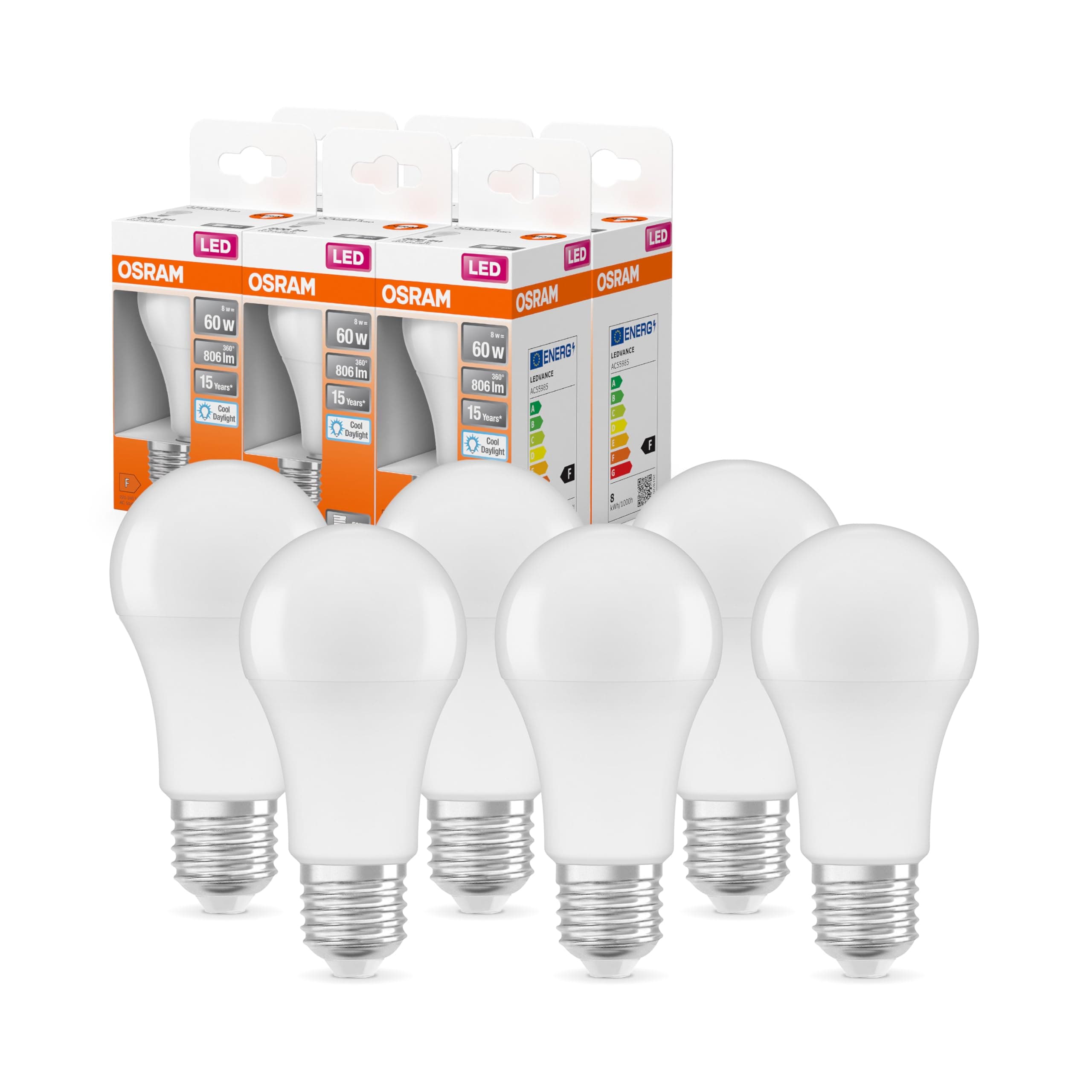 OSRAM LED Lampe mit E27 Sockel, Tageslicht (6500K), klassiche Birnenform, 8.5W, Ersatz für 60W-Glühbirne, matt, LED Retrofit CLASSIC A , 6er-Pack