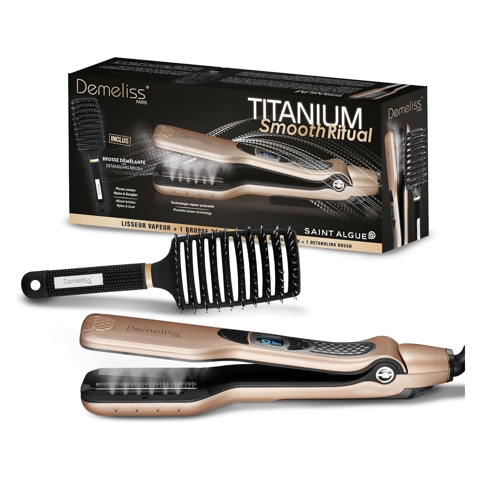 Demeliss Saint Algue Coffret Lisseur Vapeur Titanium SMOOTH RITUAL - Comprend une Brosse Démêlante Ventilée - Lissage Haute Performance, Hydratation Intense - Pour Tous Types Cheveux