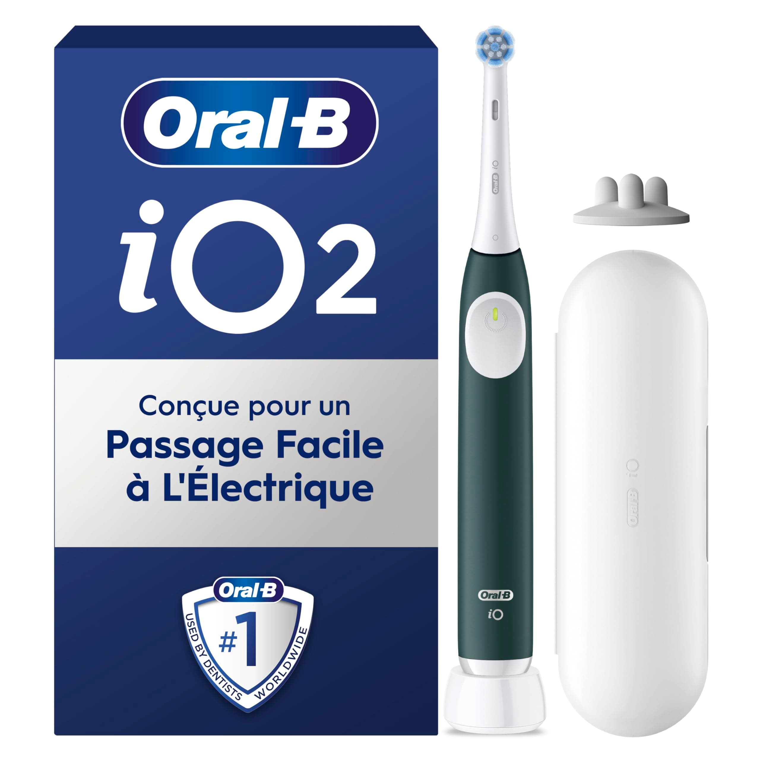 Oral-B Brosse A Dents Electrique iO 2 Vert Forêt, 3 Modes De Nettoyage, Brossage Souple Et Silencieux, Capteur De Pression, Brossette Oral B De Rechange, Chargeur, Etui De Voyage