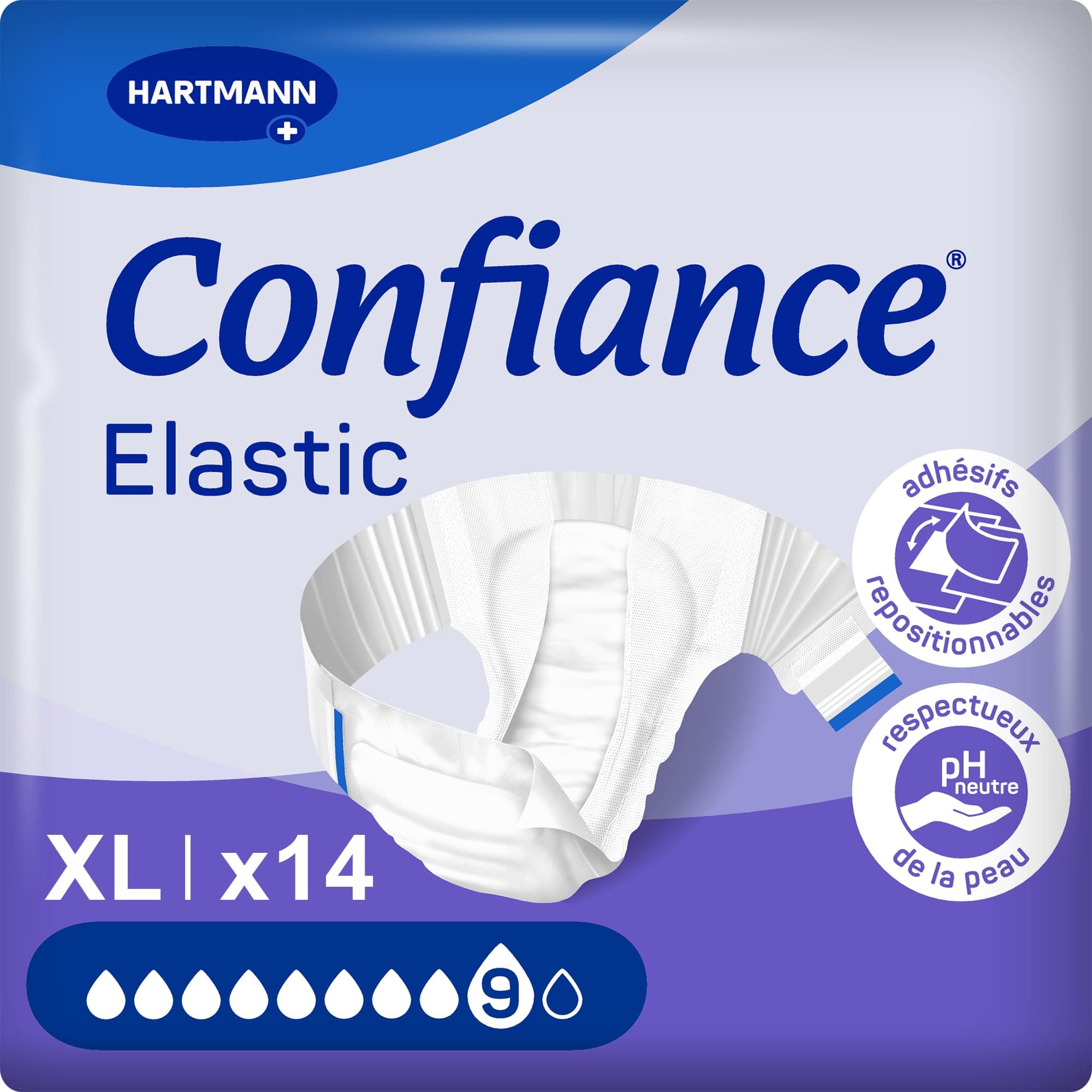 Confiance Elastic - Changes Complets pour Hommes et Femmes - Niveau d'Absorption = 9 gouttes (Fuites Urinaires Importantes) - pH Neutre à la Peau - Matière Douce - Taille XL - 14 Unités
