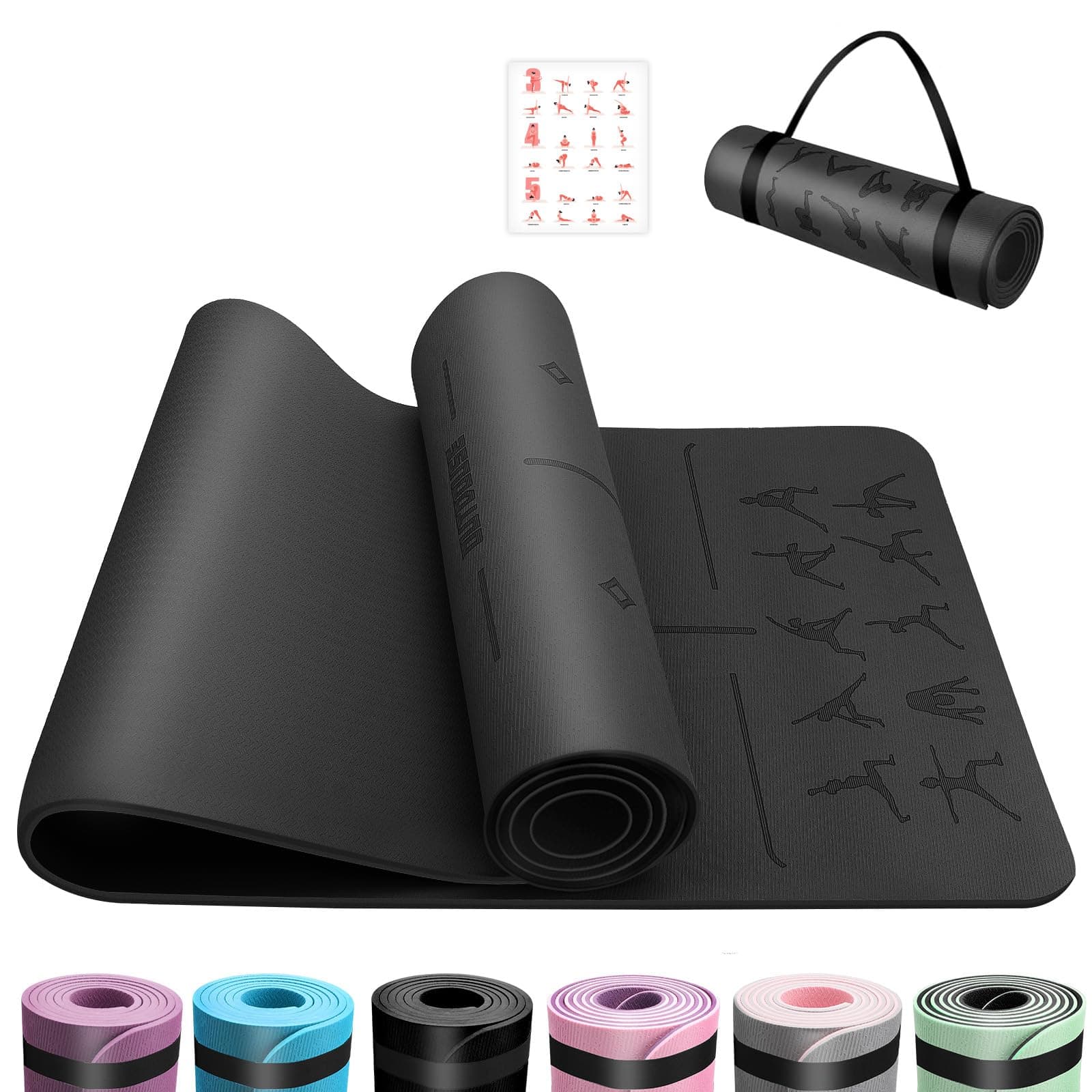 OUTDOUSE Tapis de Yoga,Tapis de Sport, Antidérapant,pour la Gymnastique,Pilates,Yoga,Maison,Voyage,Tapis de Gymnastique avec sangles de rangement,183x61x0.6cm