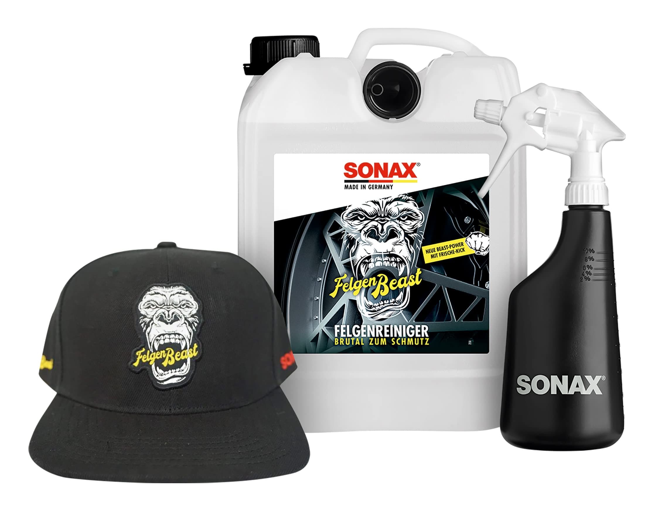 SONAX FelgenBeast-Paket mit BeastCap entfernt selbst biestige Verschmutzungen auf allen polierten, verchromten und matten Stahl- und Leichtmetallfelgen | Art-Nr. 07653000