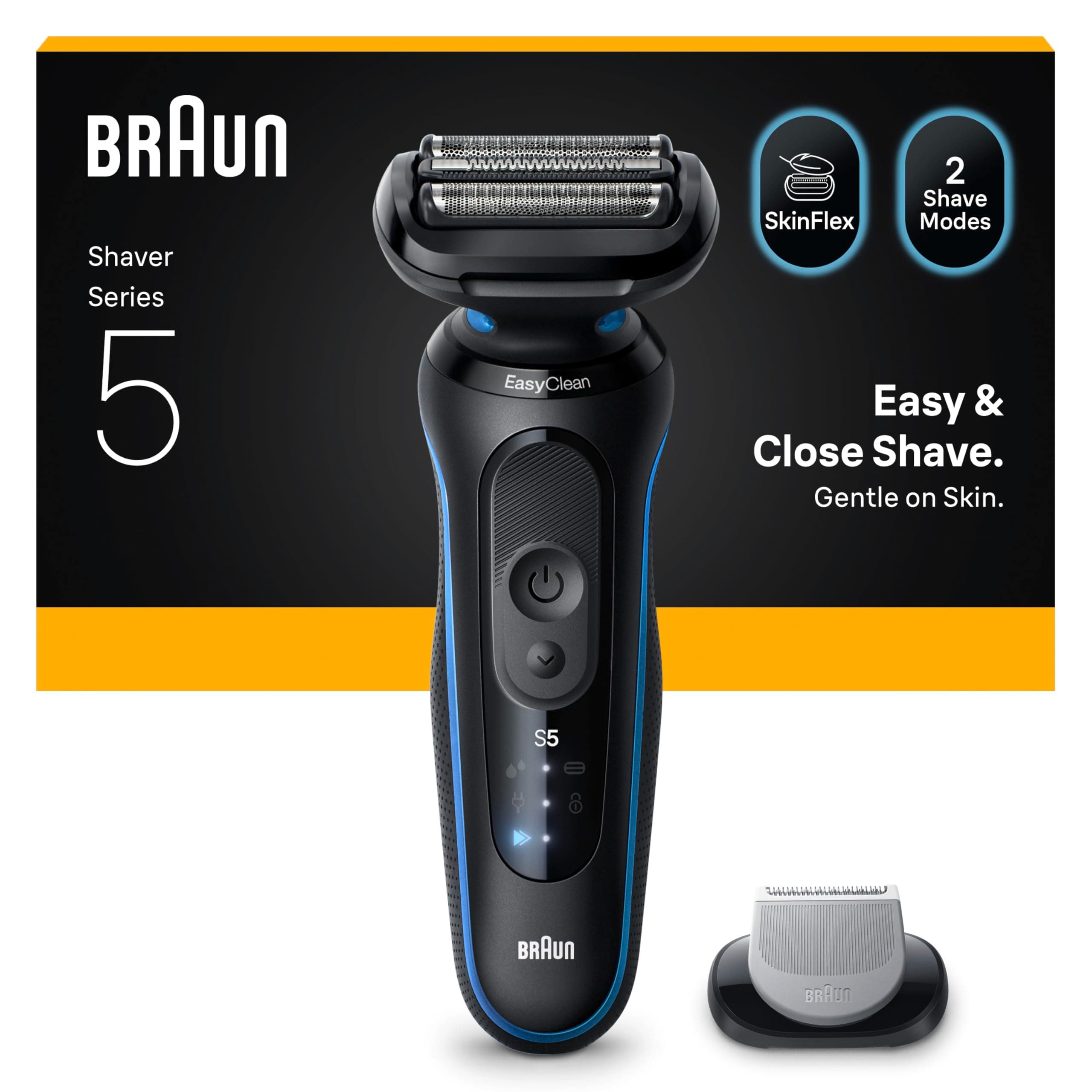 Braun Rasoir Electrique Homme Series 5 52-B1600S, Bleu, Etanche, Lames Flexibles Pour Raser Doucement Visage et Barbe, 2 Modes De Rasage, Coffret Avec Accessoire Tondeuse Pour Le Corps