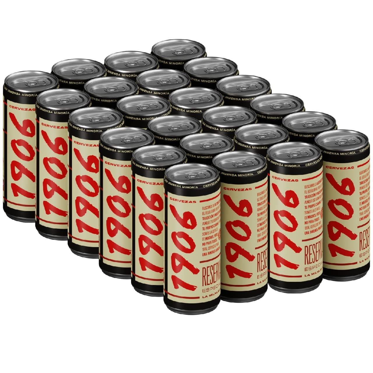 1906 Reserva Especial - Cerveza Lager Extra, Pack de 24 Latas x 33 cl, Sabor y Aroma Tostado, Galardonada Internacionalmente, 6,5% Volumen de Alcohol, El embalaje puede variar
