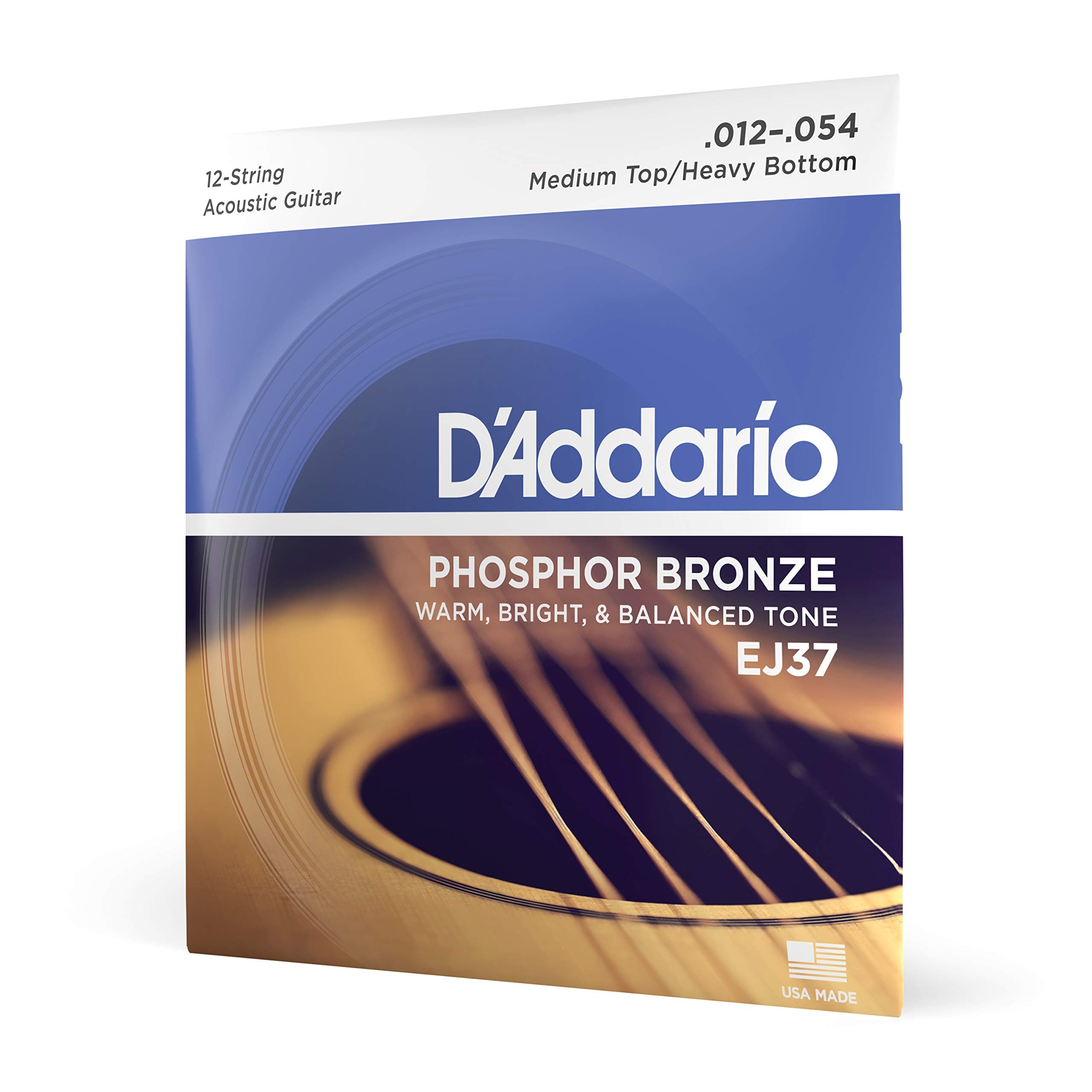 D'Addario Cordes Guitare Acoustique | Corde Guitare Folk | EJ37 | Cordes en bronze phosphoreux pour guitare acoustique 12 cordes | Medium Top/Bas lourd 12-54