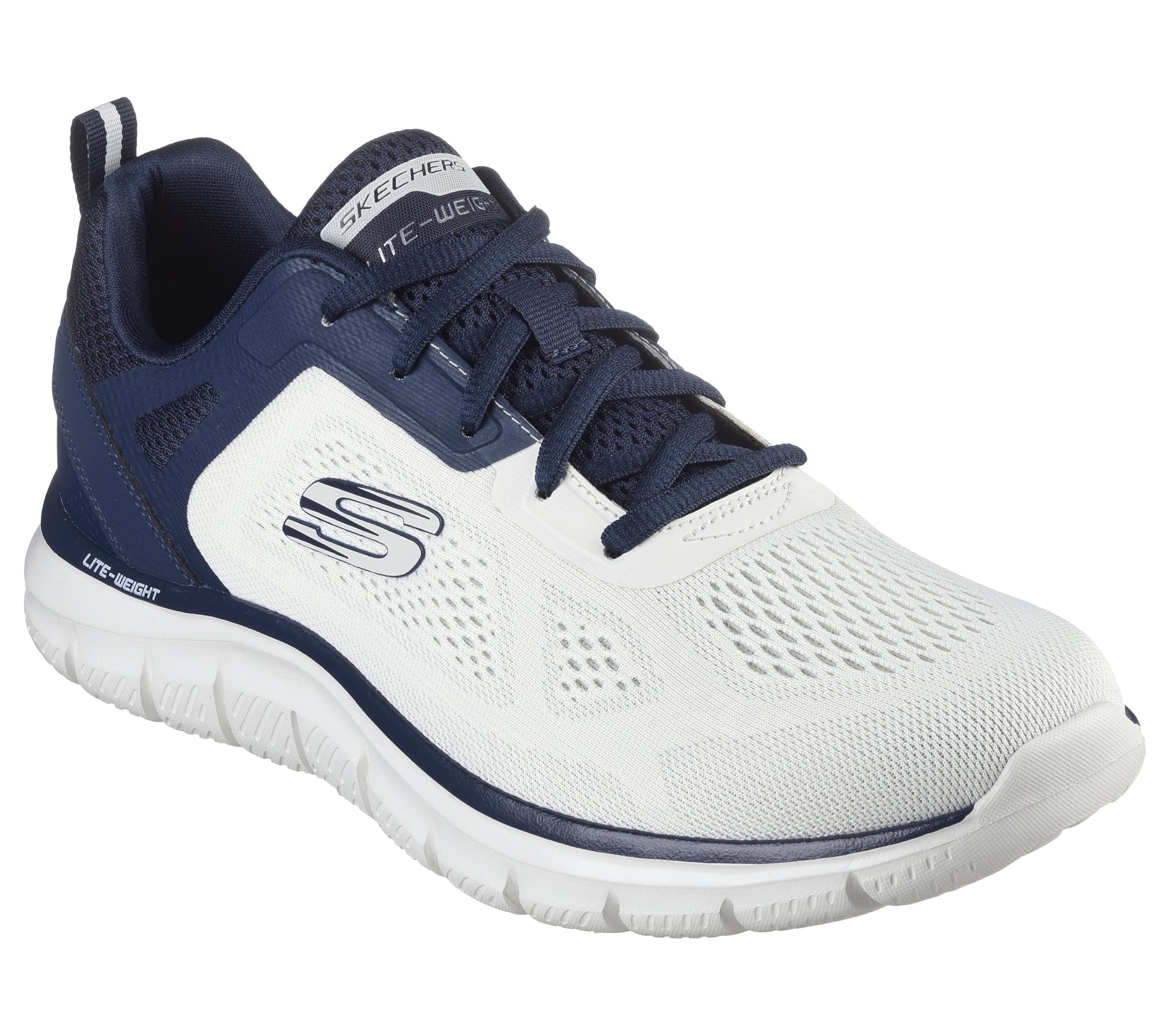 Skechers Seguimiento Más Amplio, Zapatillas de Deporte Hombre, Malla de Poliuretano de Ingeniería Blanca Rota con Ribete Azul Marino, 42.5 EU