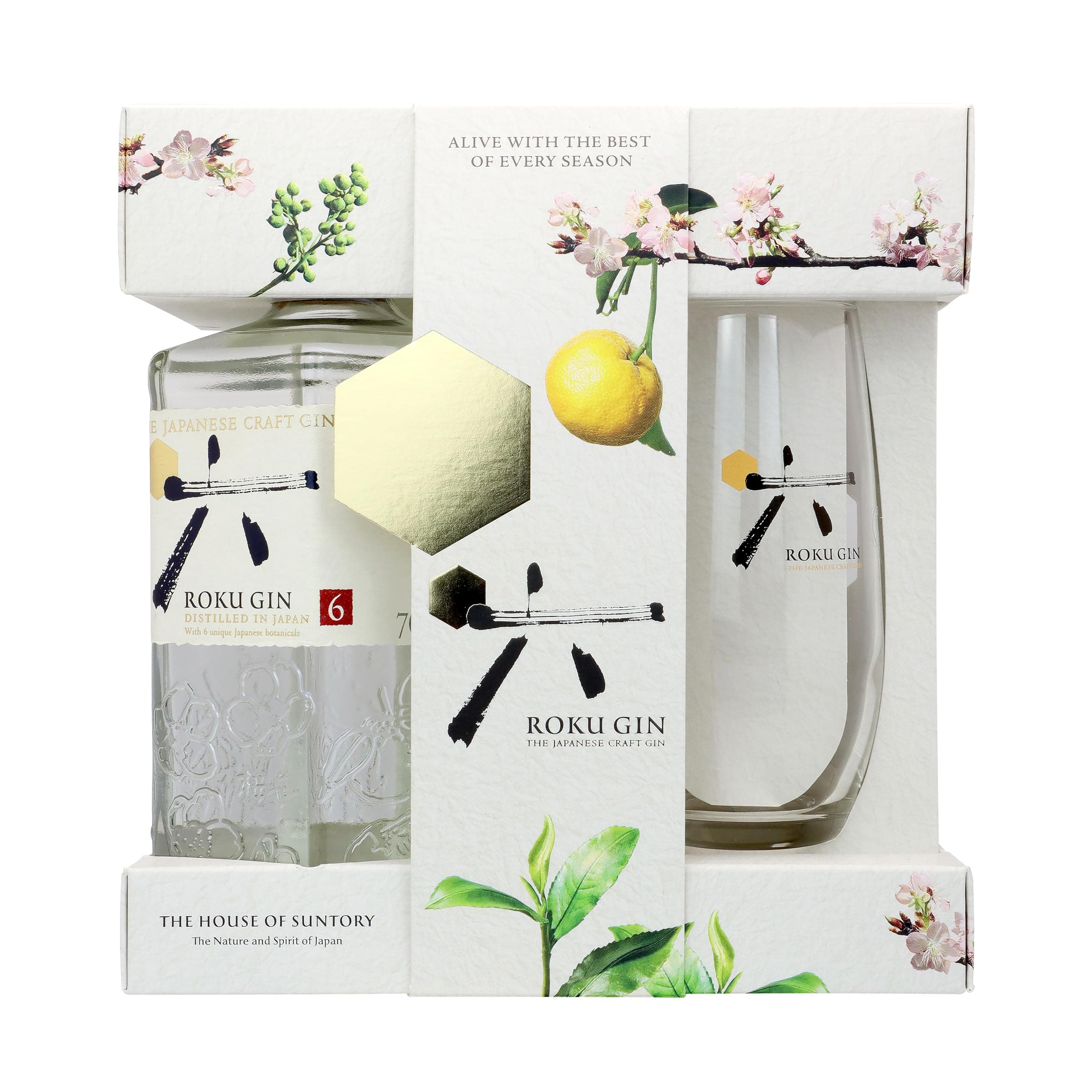 Roku Gin Confezione con bicchiere serigrafato Roku - 1 bottiglia da 700ml di Gin Artigiale Giapponese composto da 6 botaniche + 1 bicchiere Roku Gin