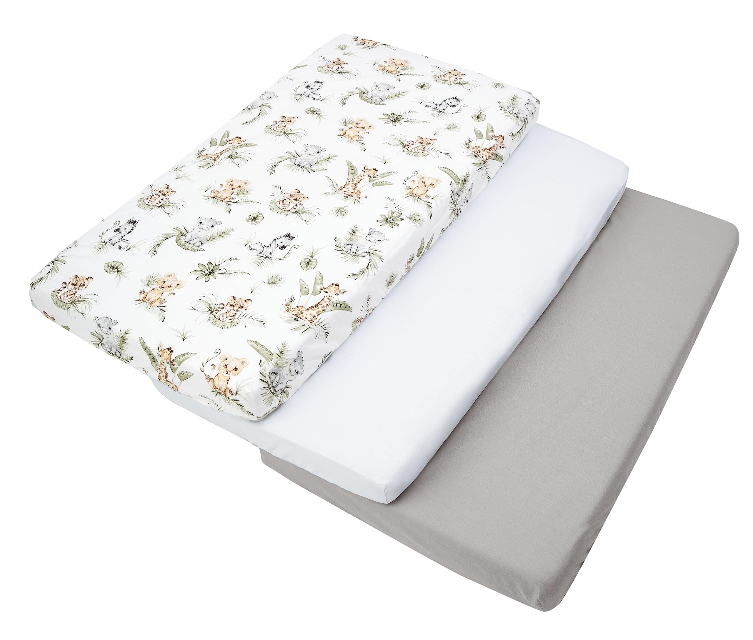 Medi Partners Lenzuola Lettino Set 3 Neonato 60x120-100% Cotone Lenzuolo con Angoli Culla Coprimaterasso fitted Materassino Sheet Letto Bambino Lenzuolino (Safari-Bianco-Grigio)