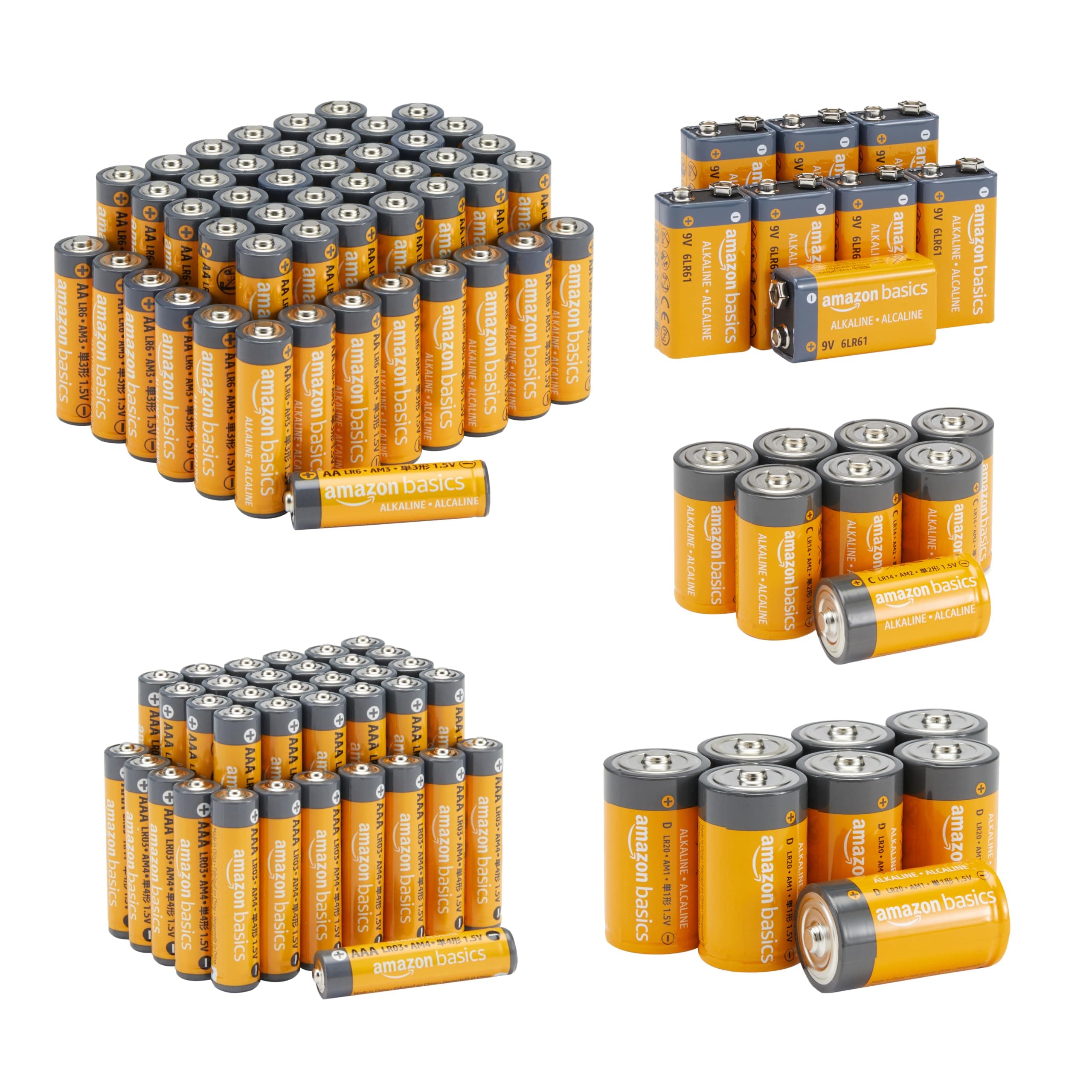Amazon Basics, confezione da 108 batterie alcaline, 48 AA + 36 AAA + 8 C + 8 D + 8 9 Volt