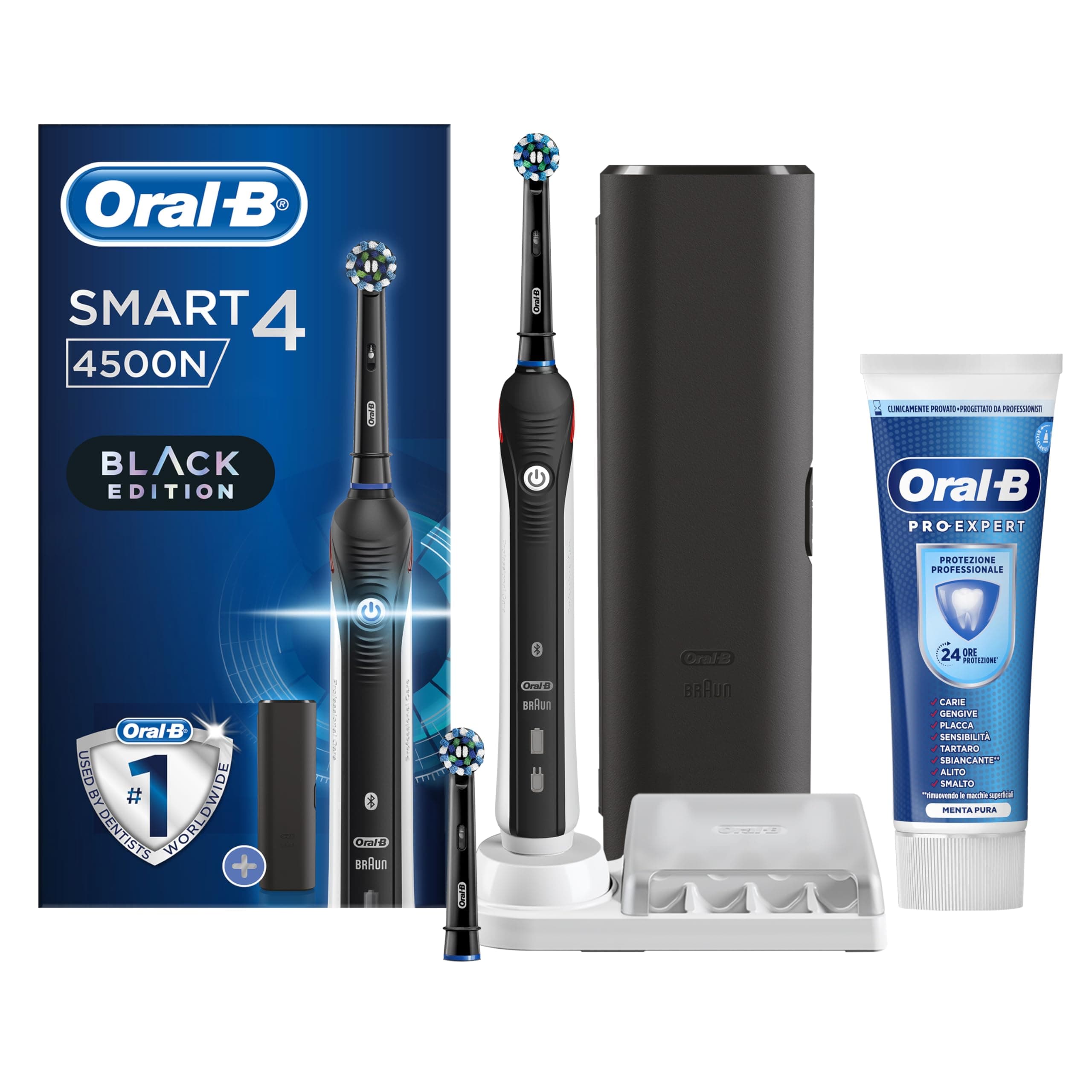 Oral-B Spazzolino Elettrico Ricaricabile Smart 4 4500 Nero, 2 Testine, Spazzolino Elettrico Oral B, Custodia +1 Dentifricio Pro-Expert Protezione Professionale