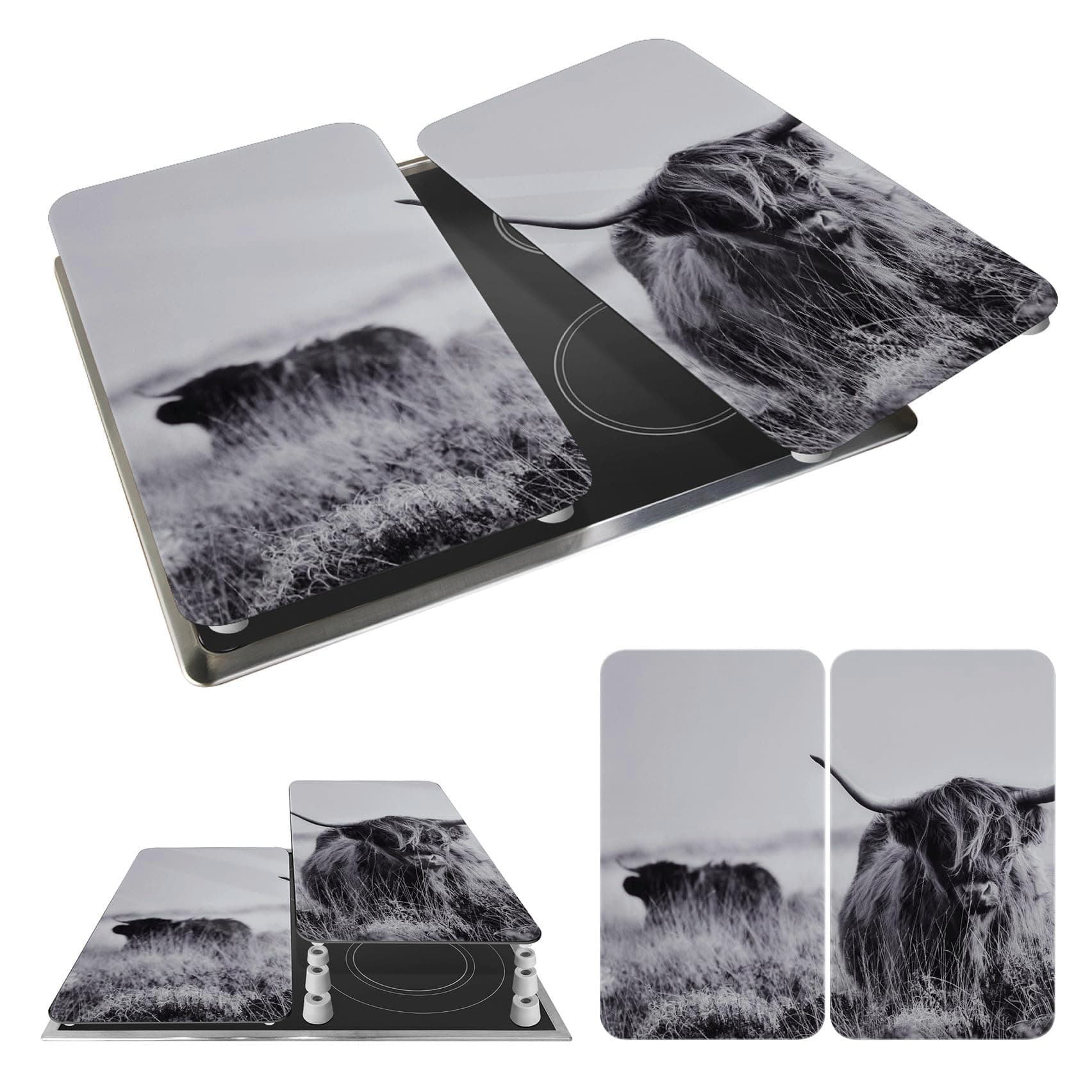 WENKO Placas protectoras para cocina Mod Highland Cattle, ajustable en altura para todo tipo de cocinas, tabla de cortar y protector contra salpicaduras, vidrio, 30 x 52 cm, juego de 2