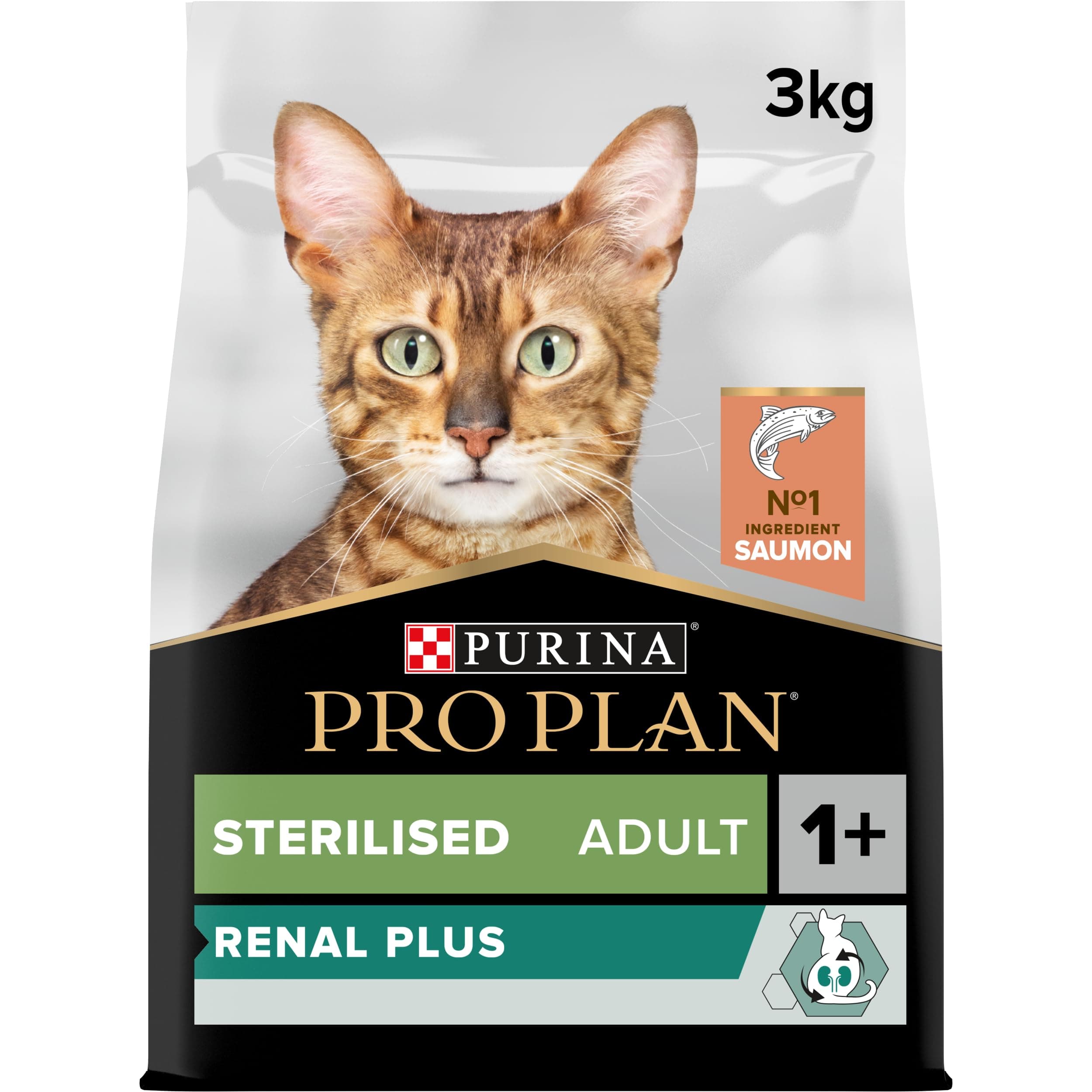 PURINA PRO PLAN | Renal Plus | Chat | Croquettes complètes pour Chat Adulte Stérilisé | Aide au maintien d'une fonction rénale saine et du système urinaire | au Saumon | Sac | Lot de 4 x 3Kg