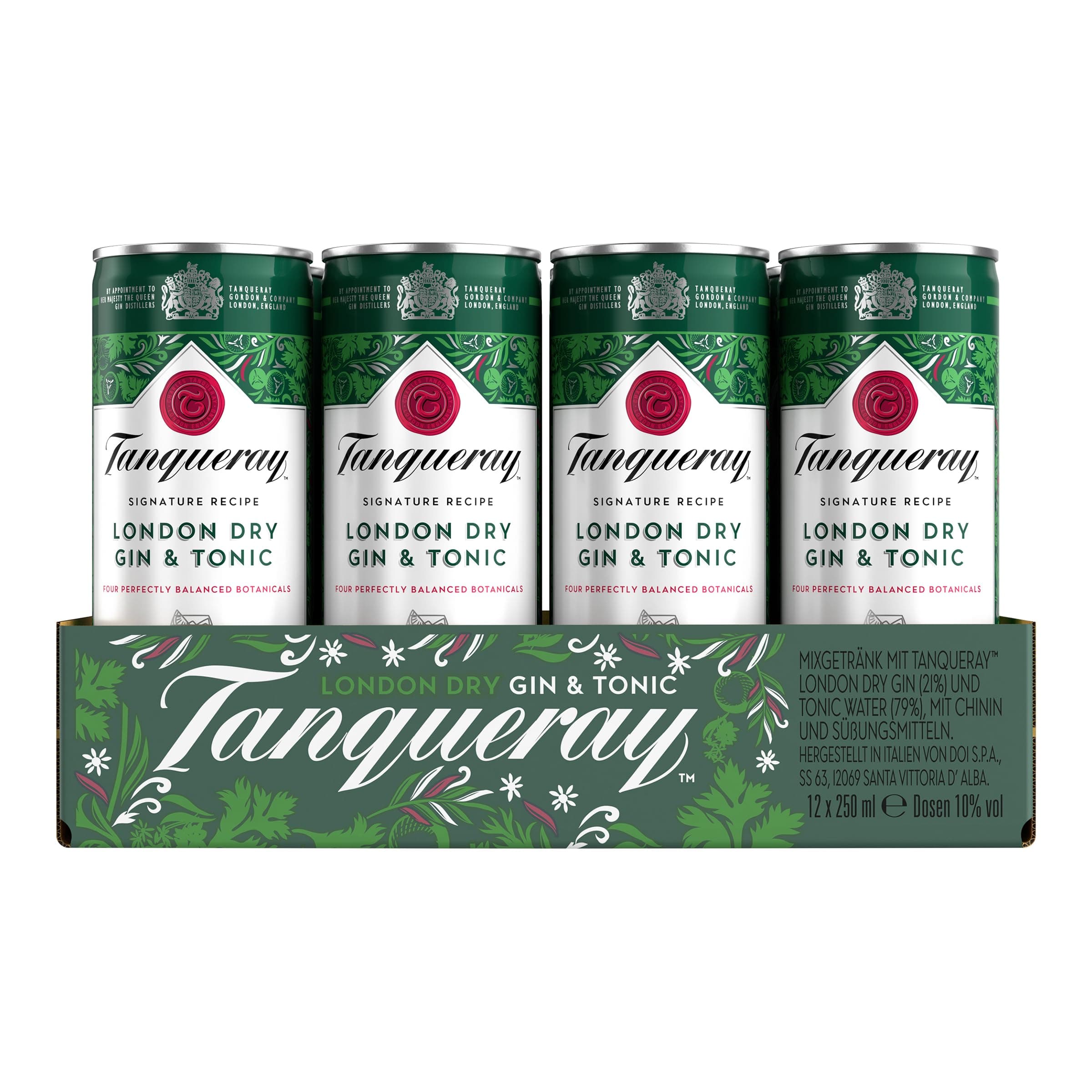 Tanqueray London Dry Gin & Tonic, Erfrischendes Sommer-Mixgetränk mit 10 Prozent Alkohol, 12 Dosen x 250 ml (EINWEG Verpackung), Trinkfertiges Getränk für unterwegs & gesellige Anlässe