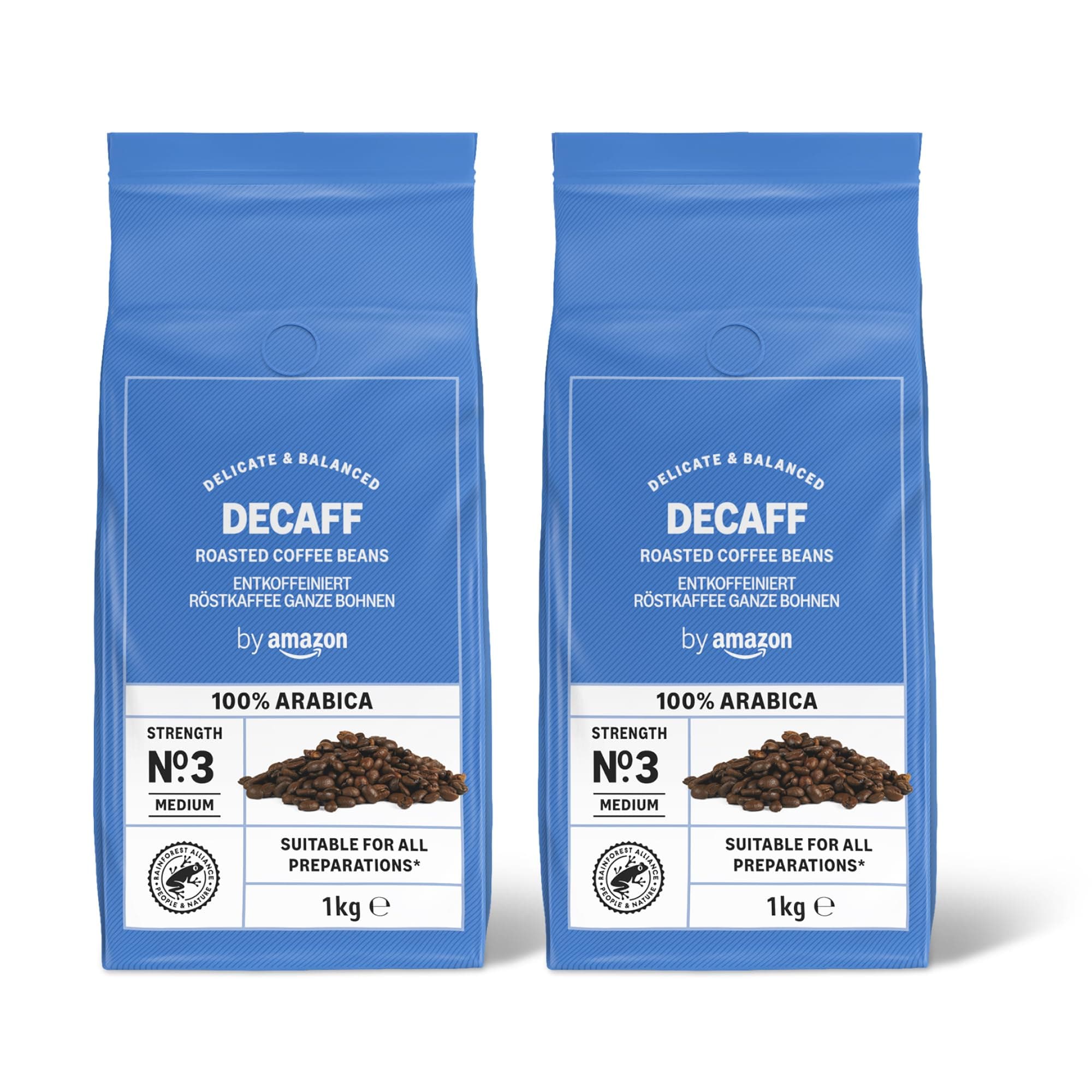 by Amazon Café en grains décaféiné, torréfaction légère, 2kg, 2 lot de 1kg - Certifié Rainforest Alliance