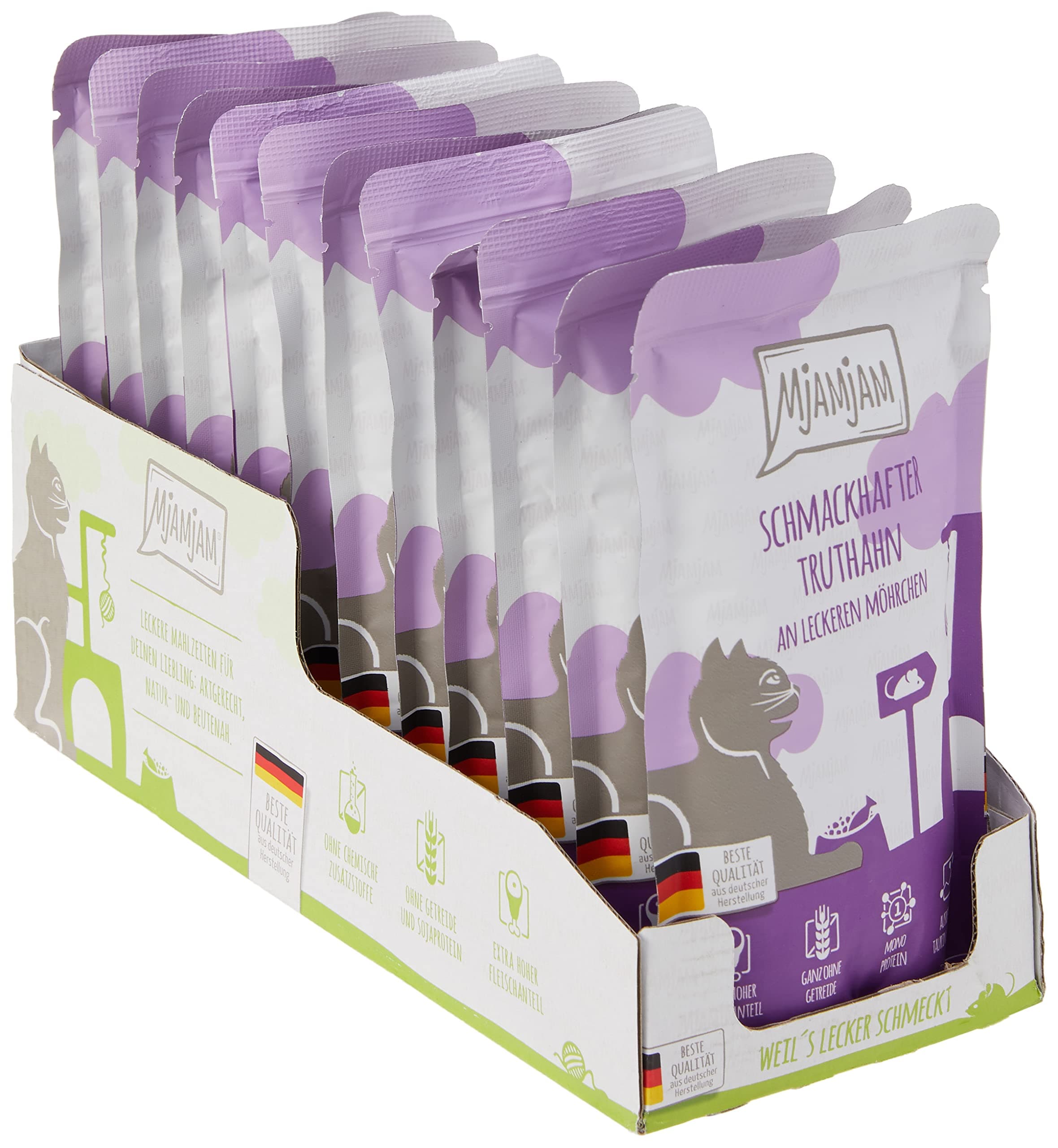 MjAMjAM - cibo umido premium per gatti - Quetschie - gustoso tacchino con deliziose carote, confezione da 12 (12 x 125 g), senza cereali con carne extra