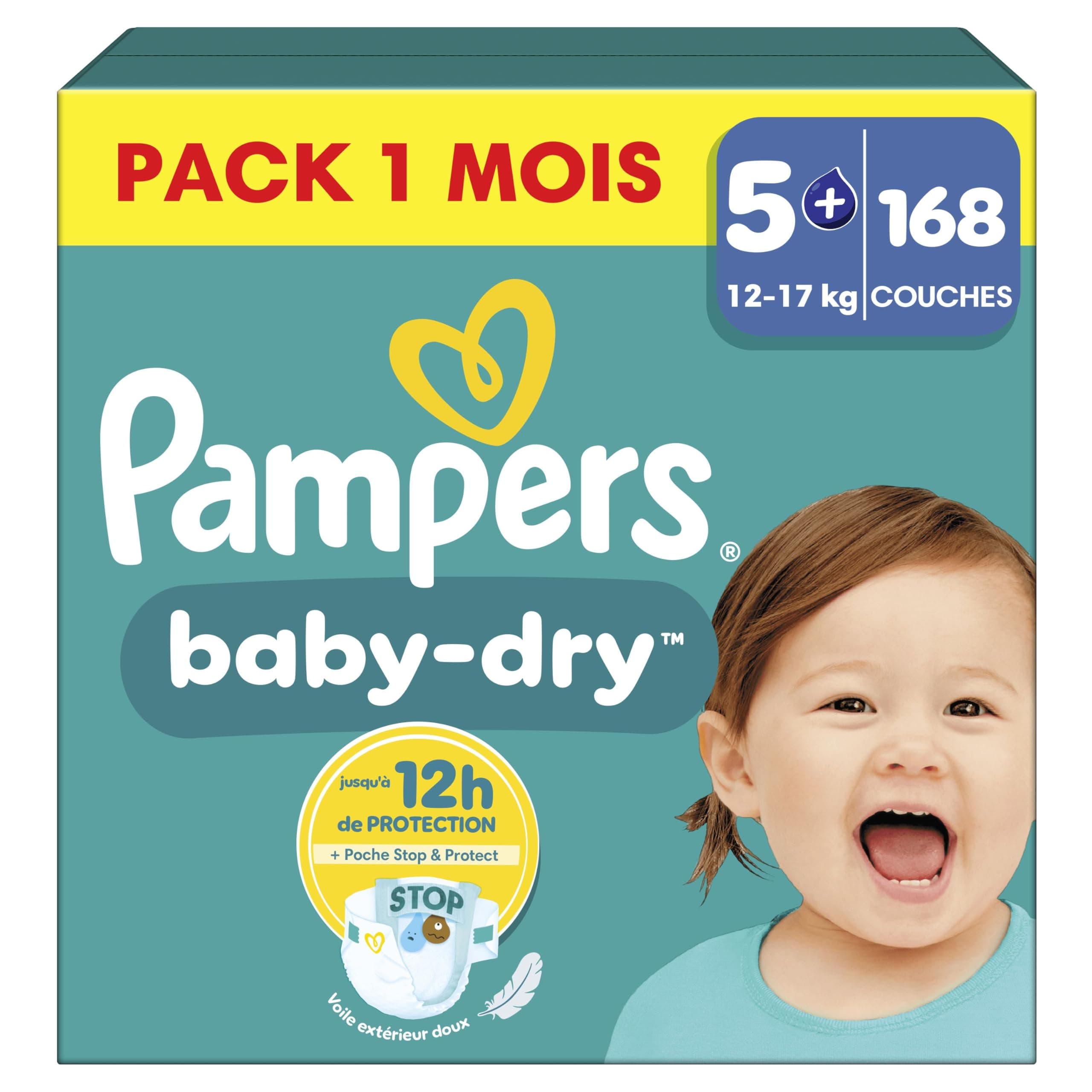 Pampers Baby-Dry, Taille 5+, 168 Couches, 12-17kg, Extra Absorption, Une nuit jusqu'à 100% sans fuites avec la Poche Stop & Protect à l’arrière de la couche, Pack 1 Mois