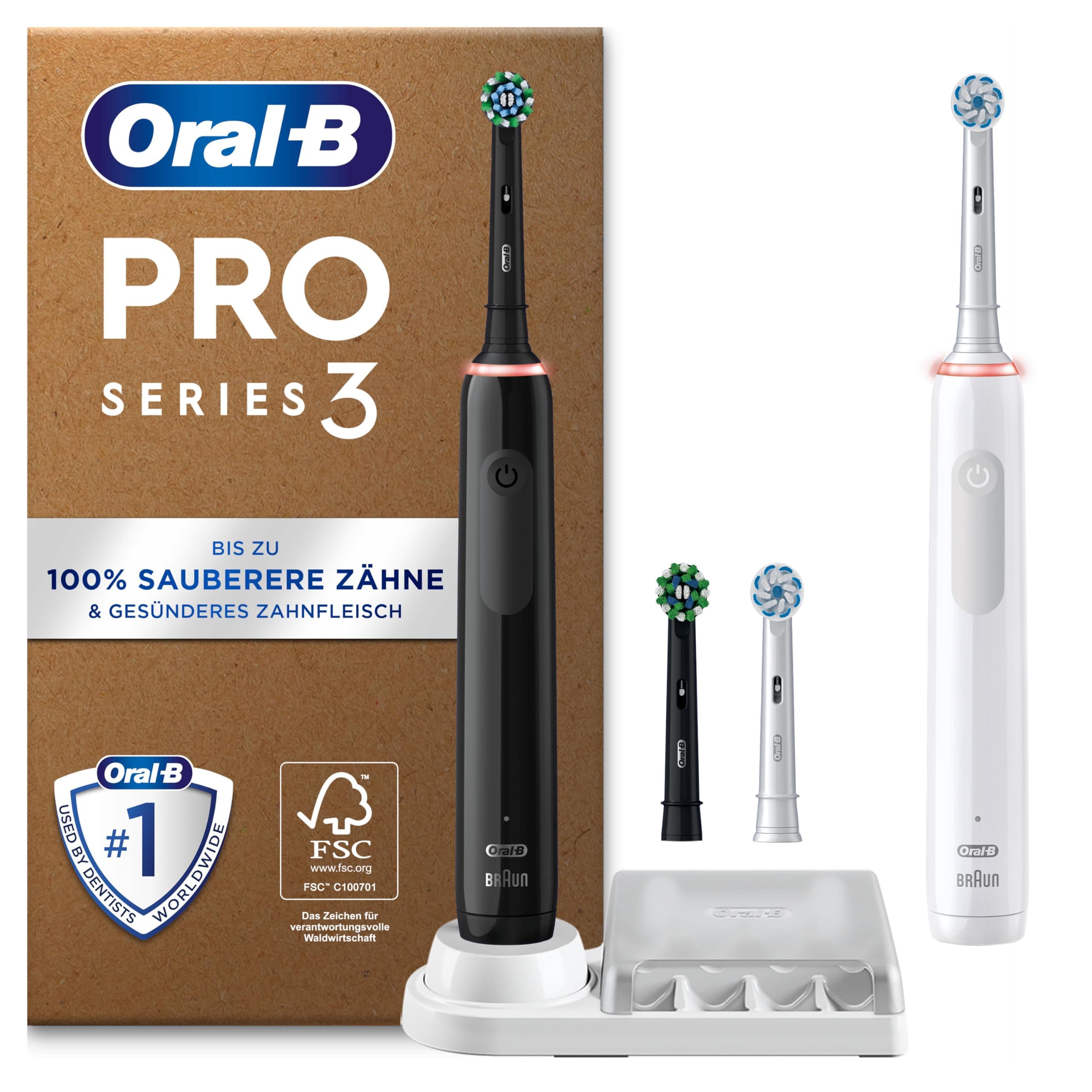 Oral-B Pro Series 3 Elektrische Zahnbürste Doppelpack — Electric Toothbrush, Inkl. 4 Aufsteckbürsten — 3 Putzmodi für Zahnpflege, Zahnbürste Elektrisch, Designed by Braun, Schwarz und Weiß