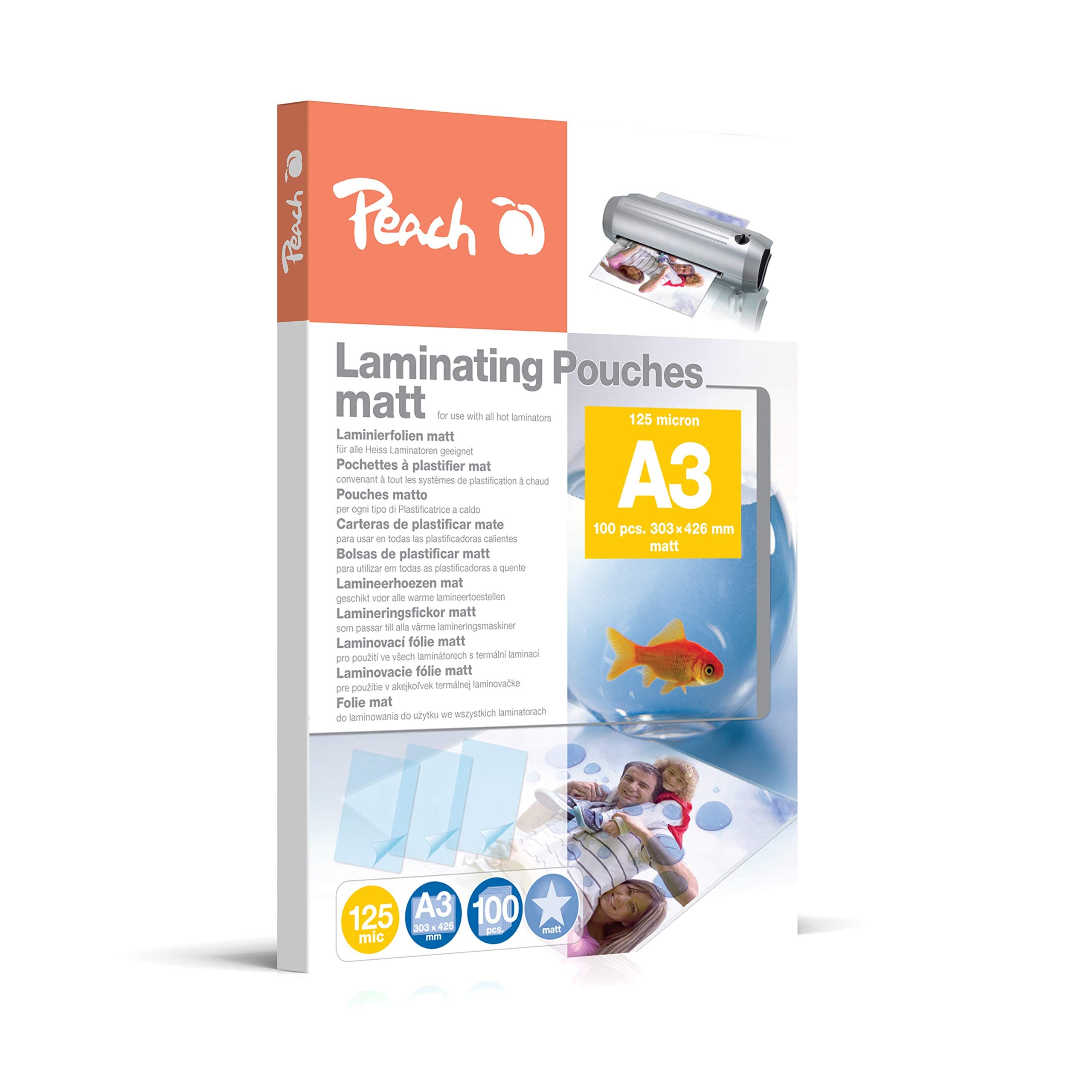 Peach Laminierfolien A3 - 125 mic - 100 pouches - matt - beschreibbar - Premiumqualität für beste Laminierergebnisse - kompatibel mit Geräten aller Markenhersteller - S-PP525-15