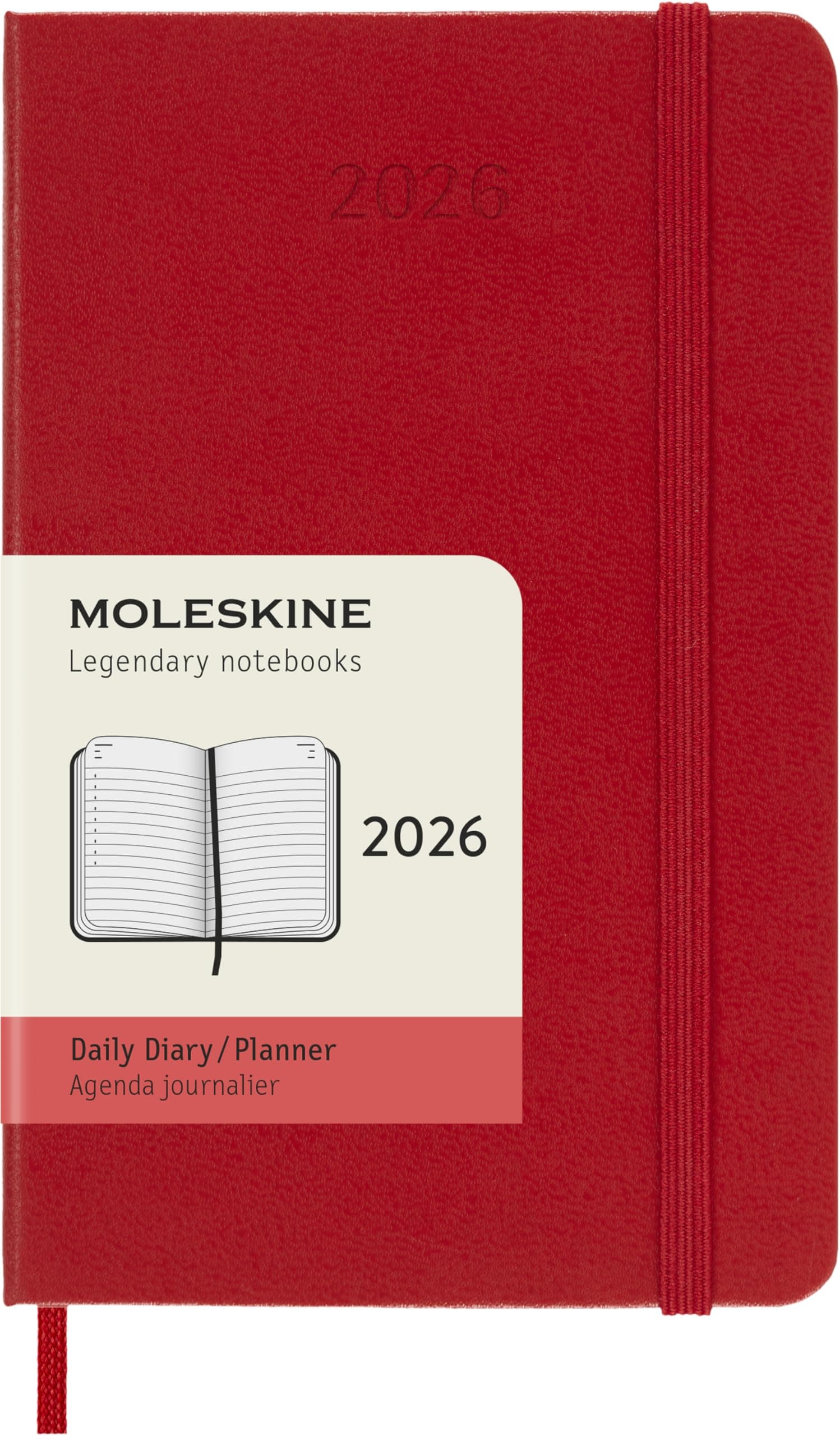 Moleskine Daily Planner, Agenda Giornaliera 2026 12 Mesi, Con Copertina Rigida e Chiusura Elastica, Formato Pocket 9 x 14 cm, Colore Rosso