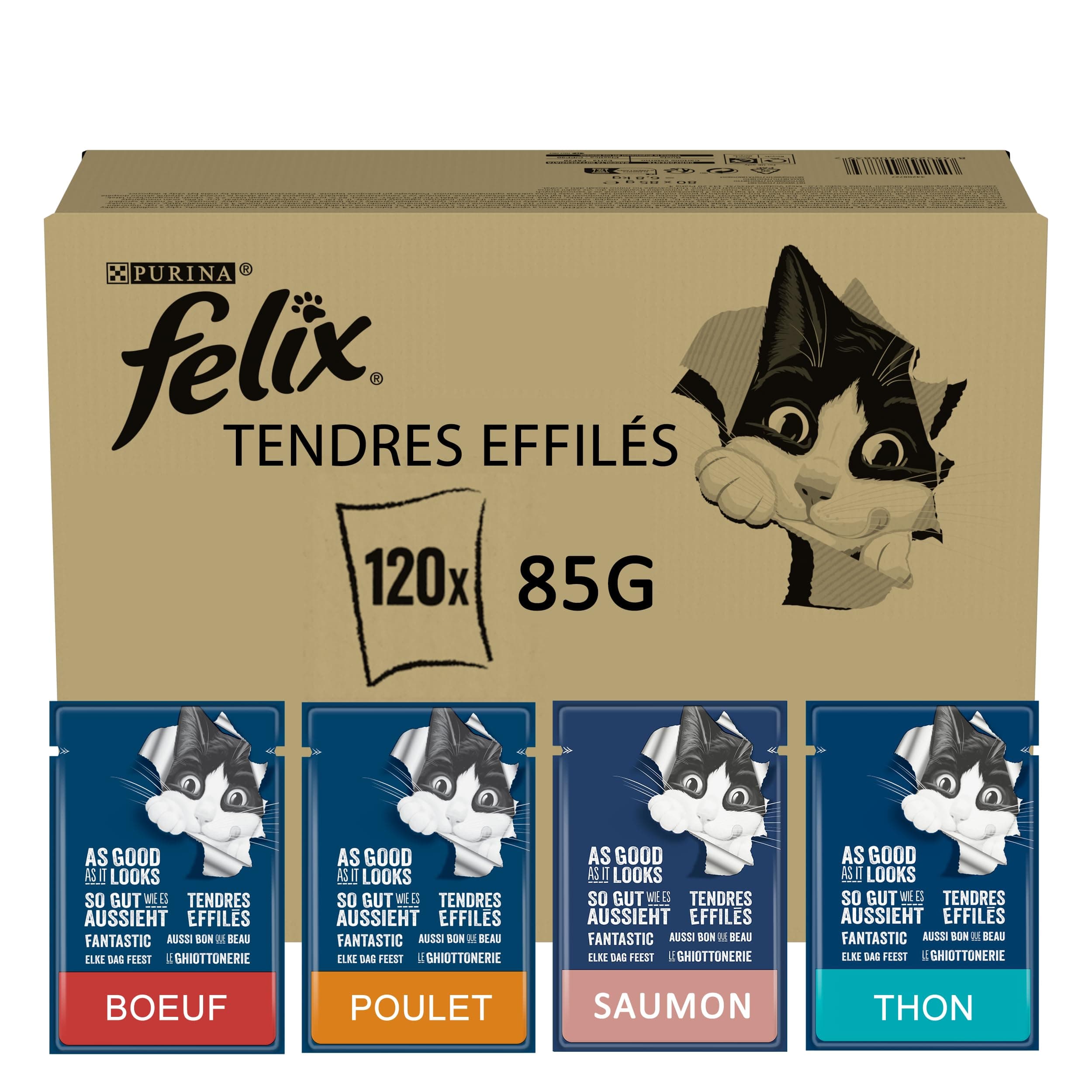 Felix | Tendres Effilés | Aliment Complet pour Chat Adulte| Sélection Mixte : Au Boeuf, Au Poulet, Au Saumon, Au Thon| en Gelée | Portion Individuelle | 120x85g