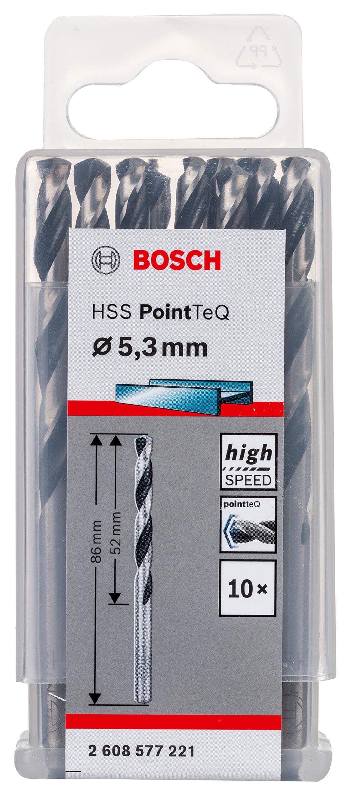 Bosch Accessories 2608577221 HSS PointTeQ (5,3 x 52 x 86 mm) - Set da 10 Pezzi di Punte Elicoidali per Trapano per Metallo, Acciaio, Fusione o Plastica, Grigio (Argento), Ø 5.3 mm