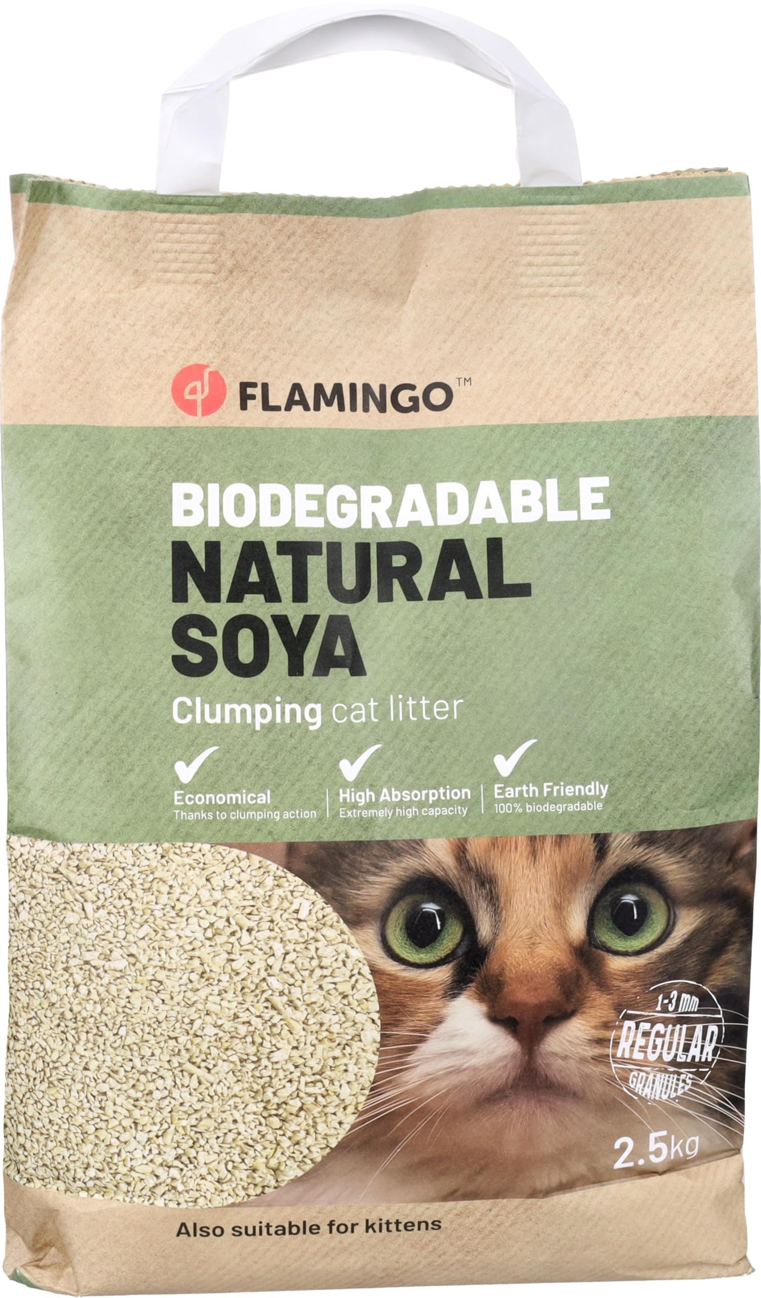 Flamingo lettiera per gatti di soia, granulato fine agglomerante, 2,5 kg, per 6 settimane, 100% naturale e biodegradabile, assorbe rapidamente