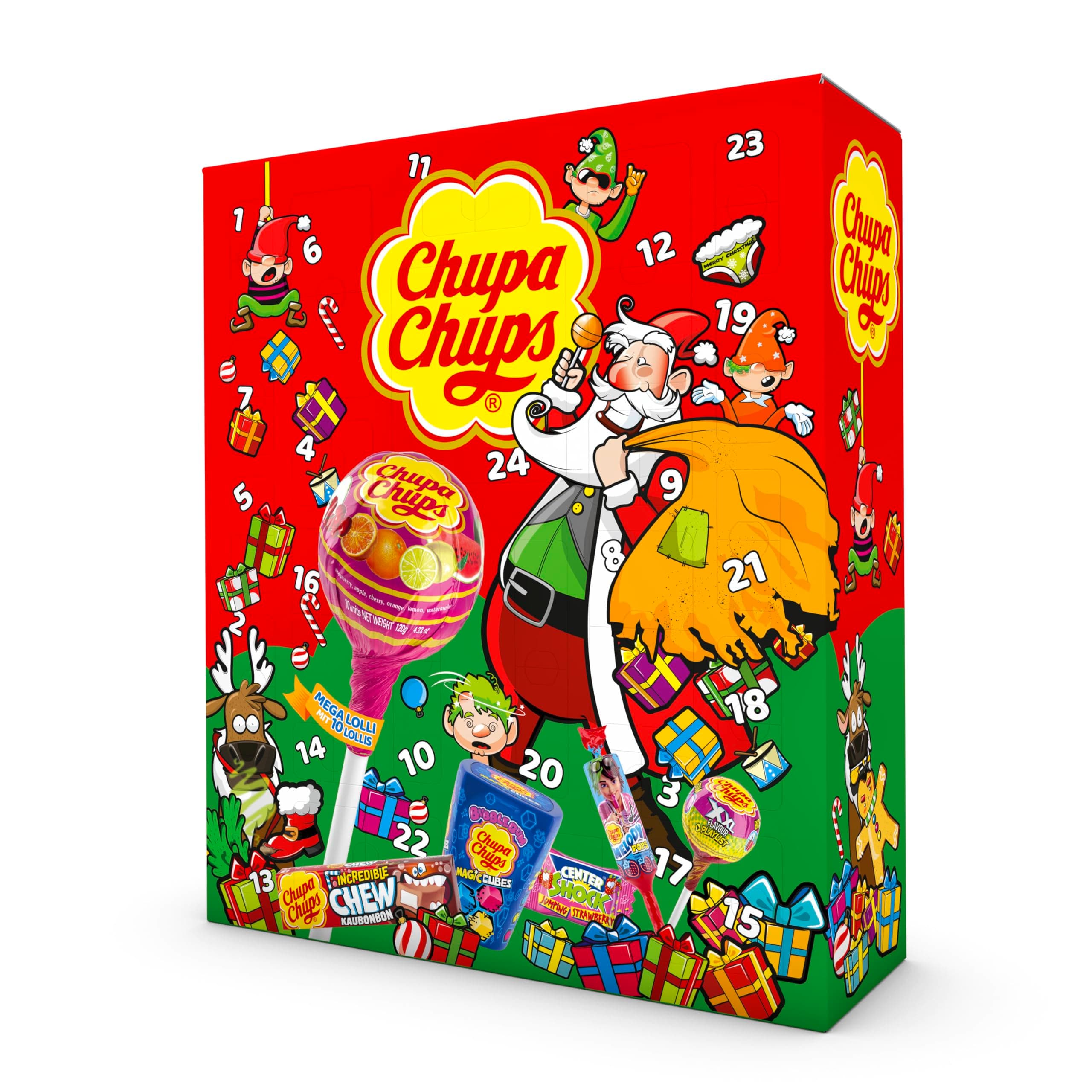 Chupa Chups XXL Adventskalender 2025, Weihnachts-Kalender mit 24 Türchen, Lutscher & Kaugummi, Süßigkeiten, geeignet für Kinder und Erwachsene, 1x614g