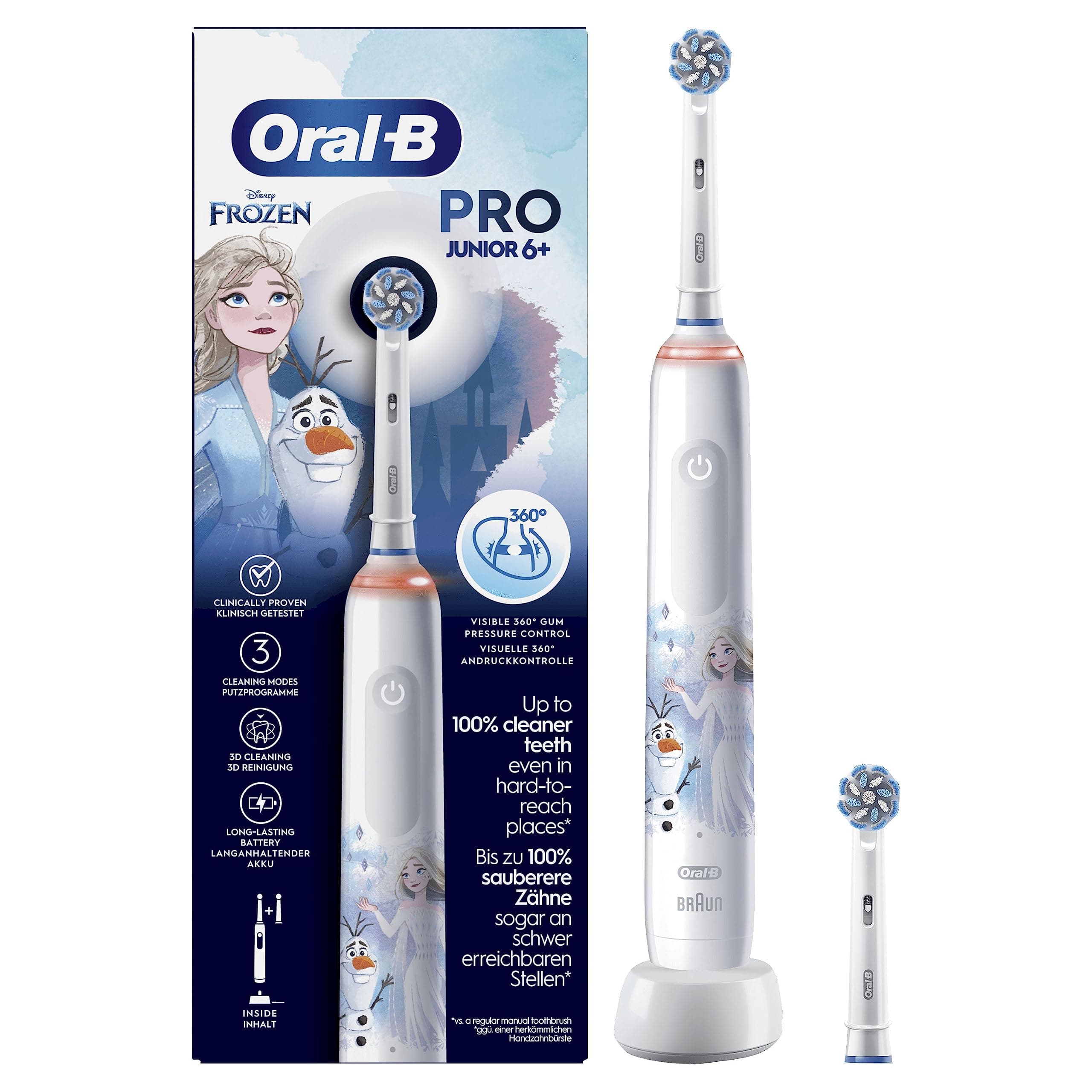Oral-B Spazzolino Elettrico Ricaricabile Pro Junior con personaggi di Frozen, 2 Testine, da 6 Anni in su. 1 Spazzolino