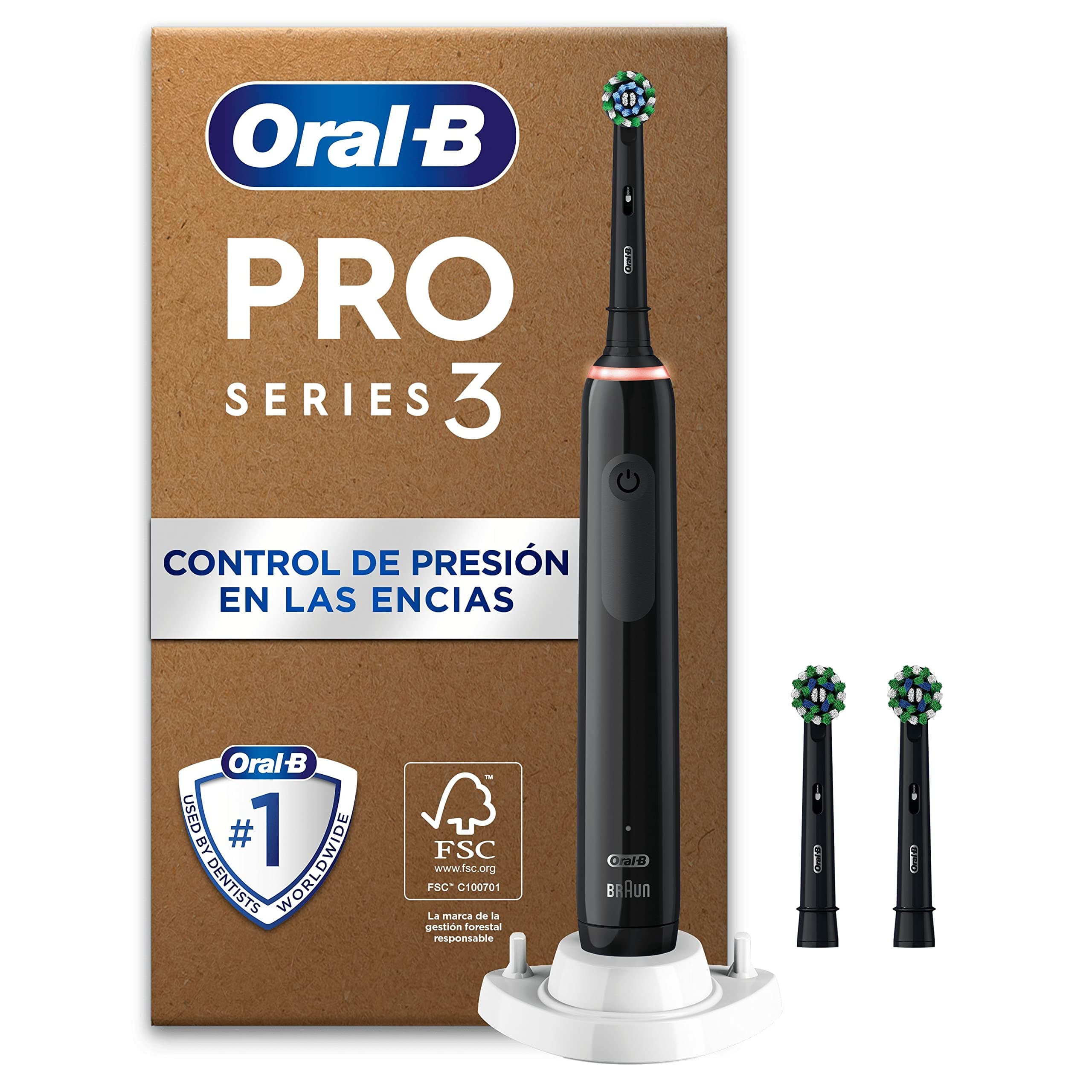 Oral-B Pro 3 Cepillo de Dientes Eléctrico Negro con Mango Recargable y 3 Cabezales, 3 Modos De Cepillado Con Modo Sensible, Temporizador, Diseñado por Braun, Regalos Originales para Mujer y Hombre