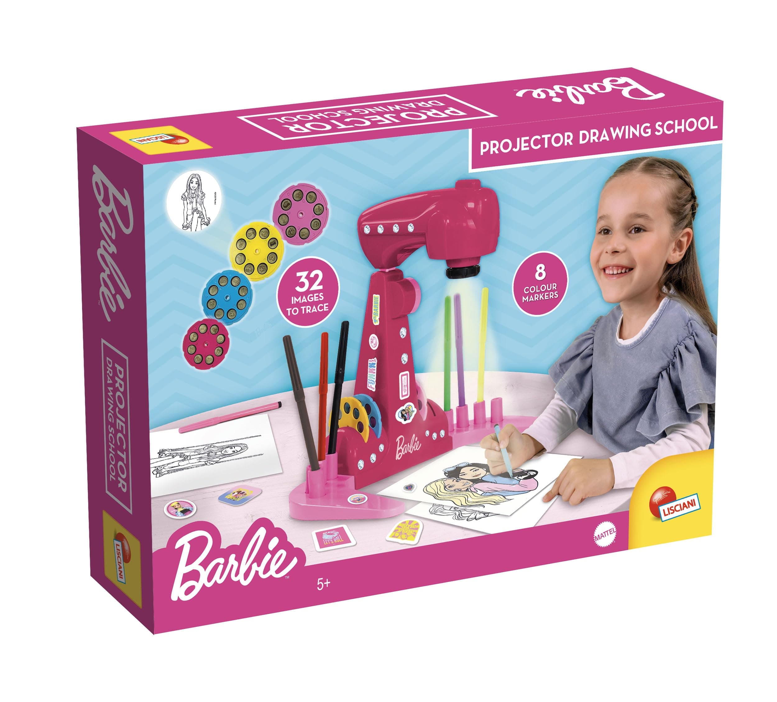 Lisciani - Barbie Escuela de Dibujo con Proyector - Juguete Educativo para Dibujar y Colorear para Niños a Partir de 4 Años - Kit de Dibujo Creativo con LED - Actividad sin Pantalla ni Tableta