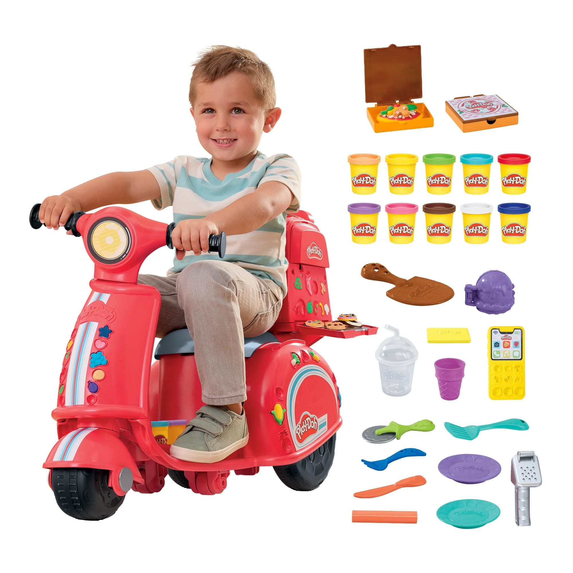 Play-Doh Pizza a Domicilio Giocatolo per Arti e Mestieri con Scooter, 10 Vasetti di Pasta Modellabile e Accessori, per Bambini e Bambine di 3-5 Anni