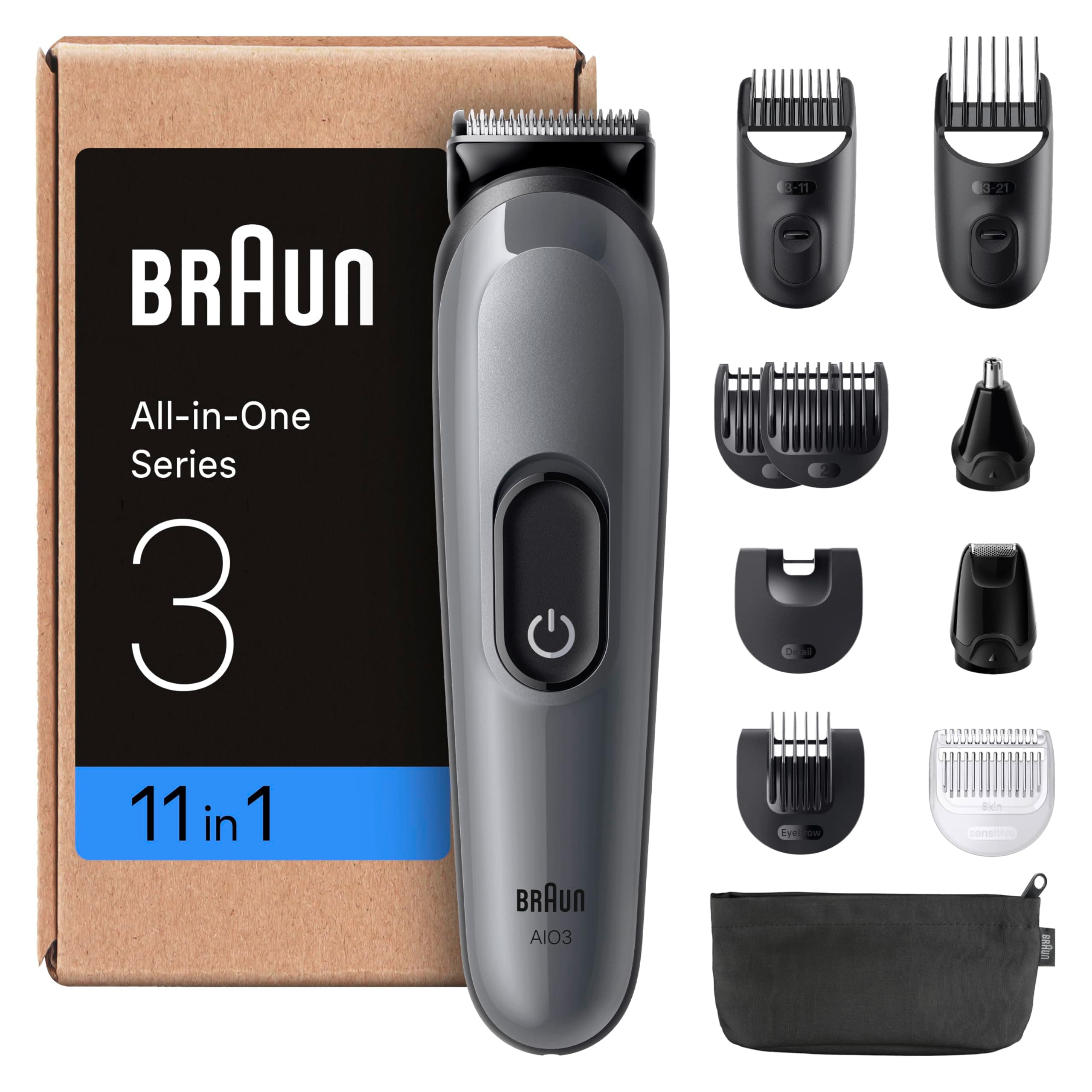 Braun Rifinitore All-In-One Series 3, Rasoio Elettrico Barba E Capelli 11In1, Con Lama Ultra Affilata, 14 Lunghezze, 50 Minuti di Autonomia, Styling Facile e Veloce Per Viso E Capelli, AIO3565 Grigio