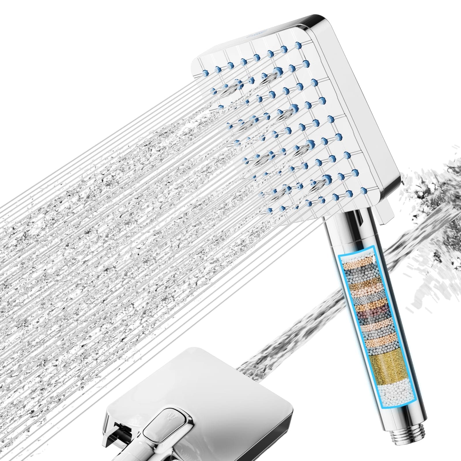 Cobbe Filter Duschkopf mit Schlauch für hartes Wasser, Hochdruck Duschbrause Wassersparend, Quadratischer Handbrause mit 20-Stufen Filter, 6+1 Strahlarten, entfernt Chlor & Schwermetalle, Chrom