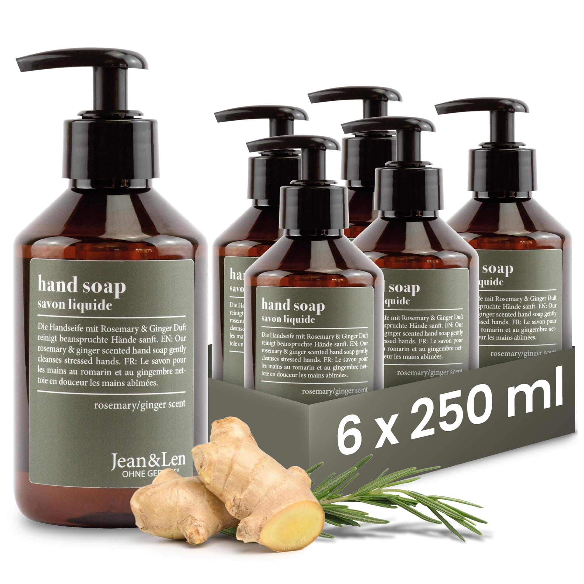 Jean & Len Handseife Rosemary & Ginger, reinigt beanspruchte Hände, für die tägliche Anwendung, Flüssigseife im nachfüllbaren Pumpspender, ohne Parabene, Silikone & Mikroplastik, 6 x 250 ml